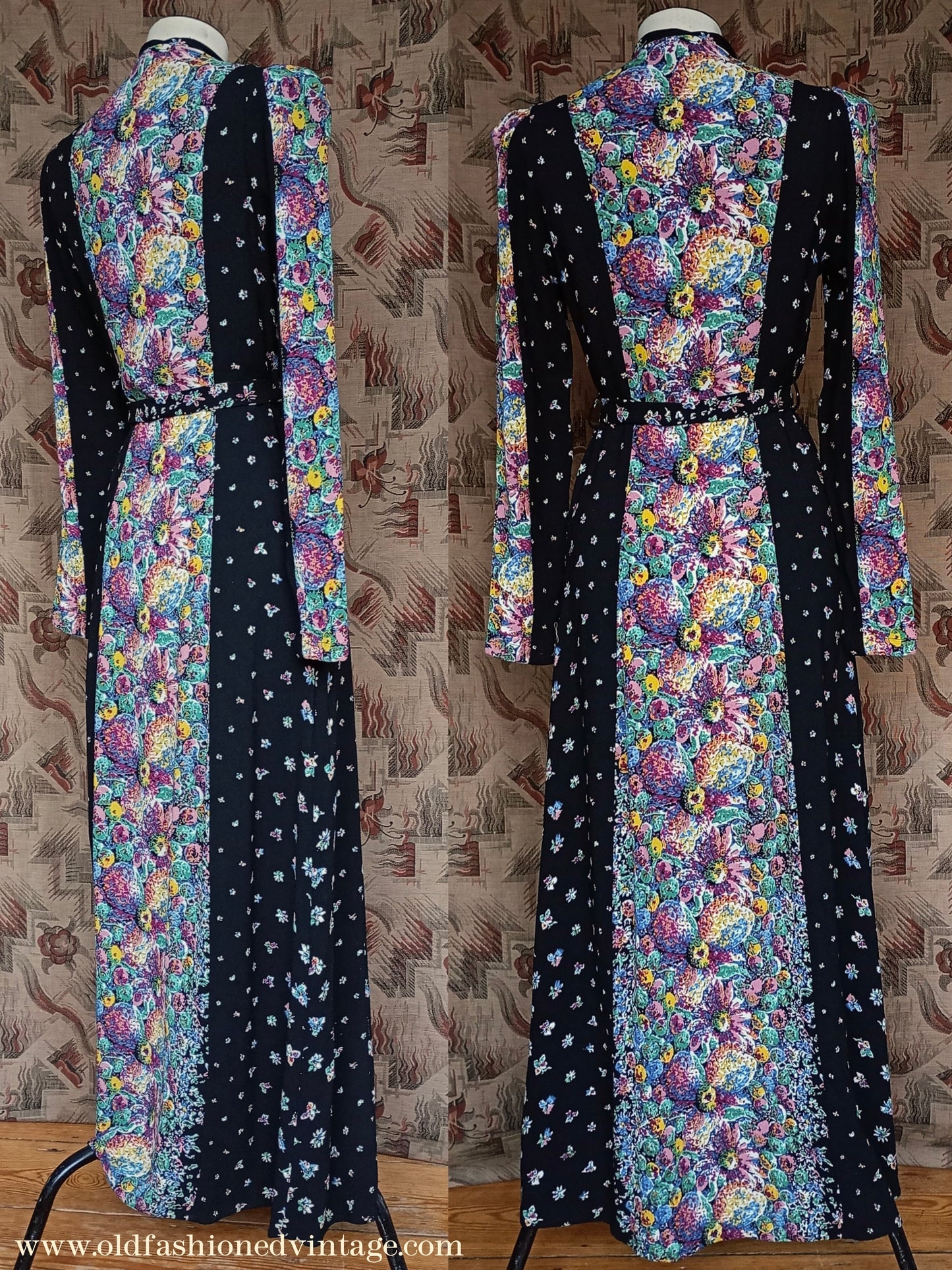 Vintage 1930s Crepe Floral Hostess Gown Zip Lounge Dress Housecoat 1940s UK XS