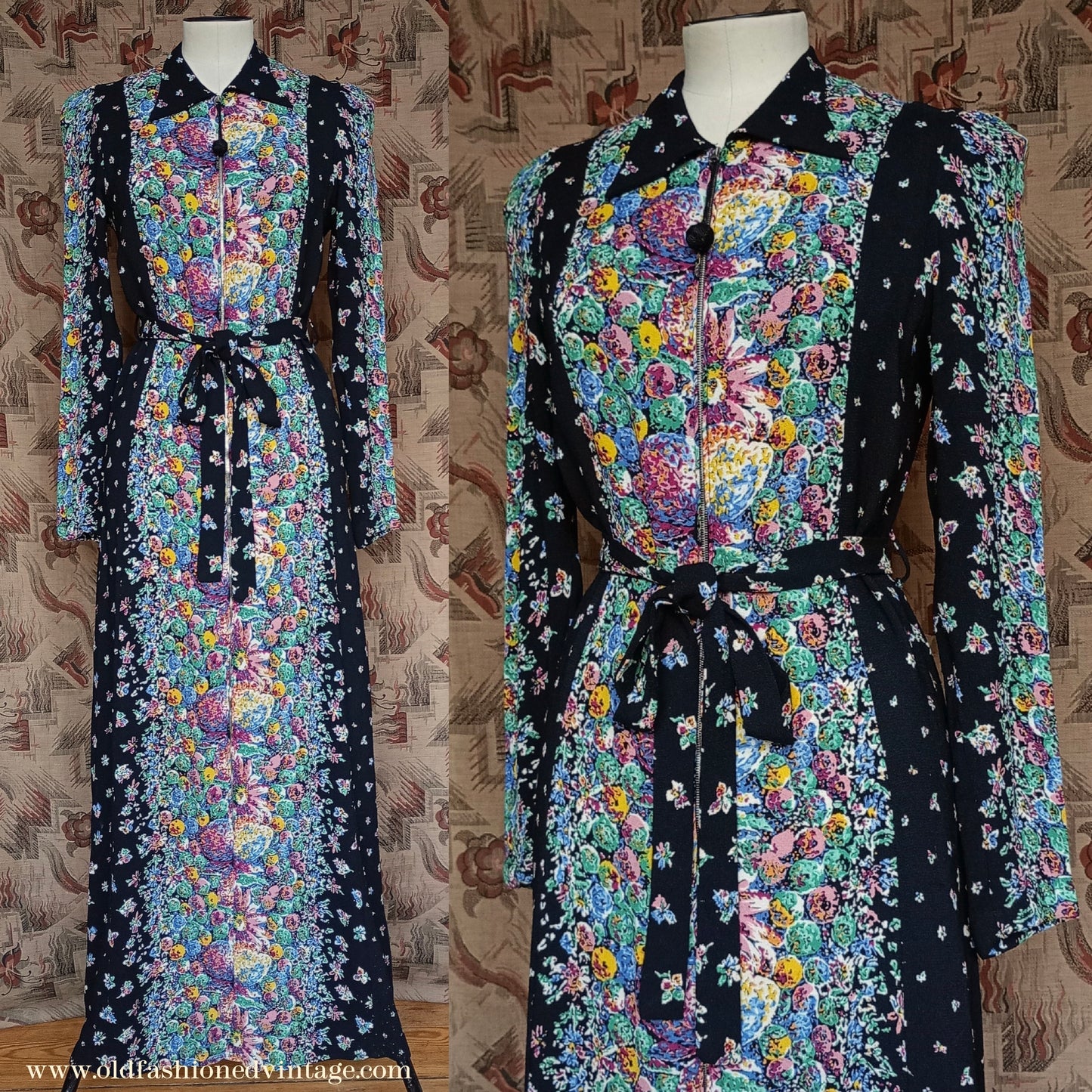 Vintage 1930s Crepe Floral Hostess Gown Zip Lounge Dress Housecoat 1940s UK XS