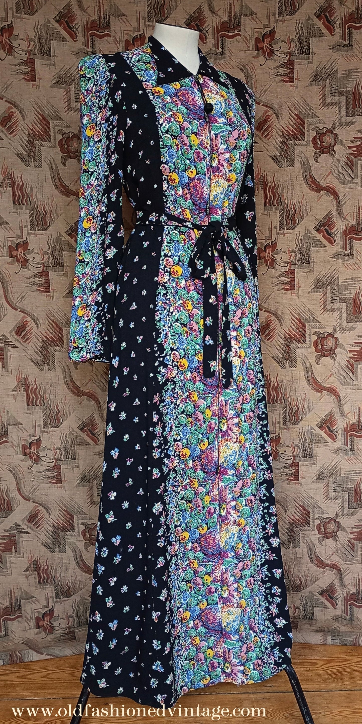 Vintage 1930s Crepe Floral Hostess Gown Zip Lounge Dress Housecoat 1940s UK XS