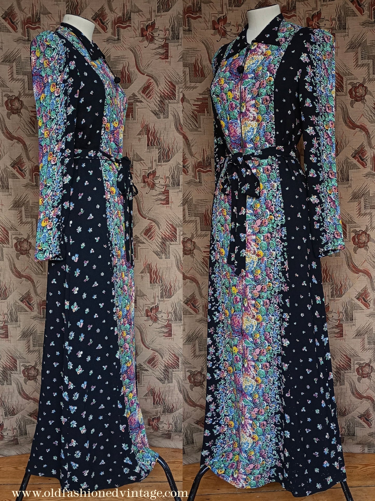 Vintage 1930s Crepe Floral Hostess Gown Zip Lounge Dress Housecoat 1940s UK XS