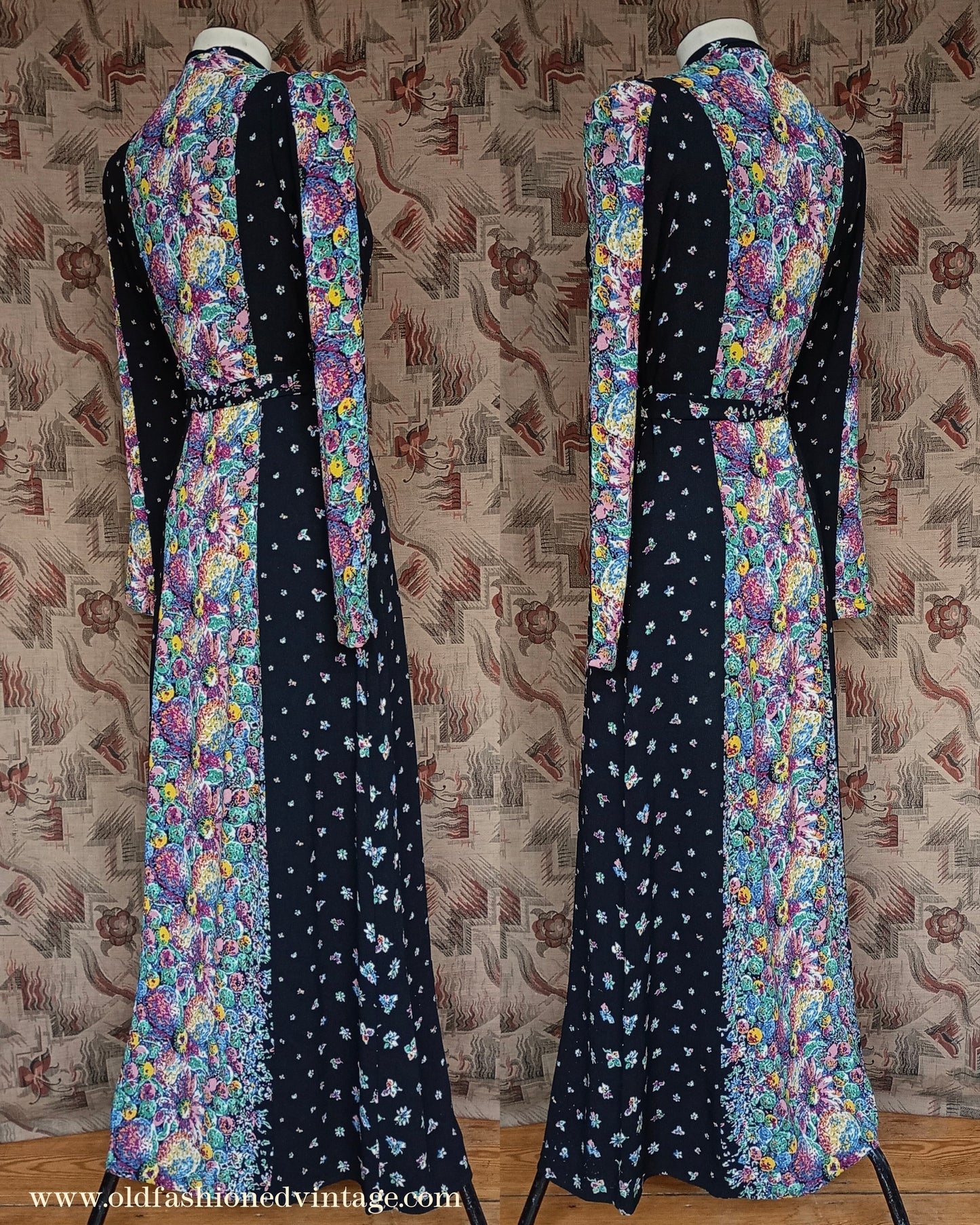 Vintage 1930s Crepe Floral Hostess Gown Zip Lounge Dress Housecoat 1940s UK XS