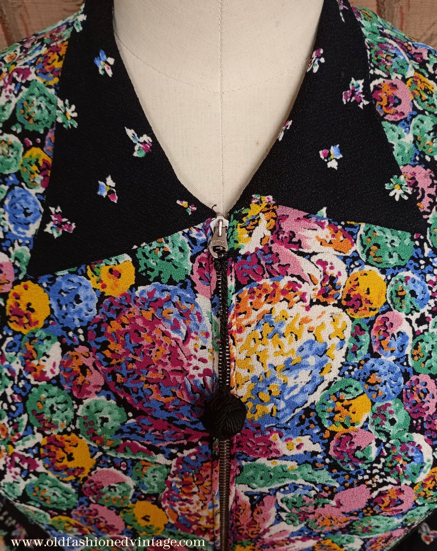 Vintage 1930s Crepe Floral Hostess Gown Zip Lounge Dress Housecoat 1940s UK XS