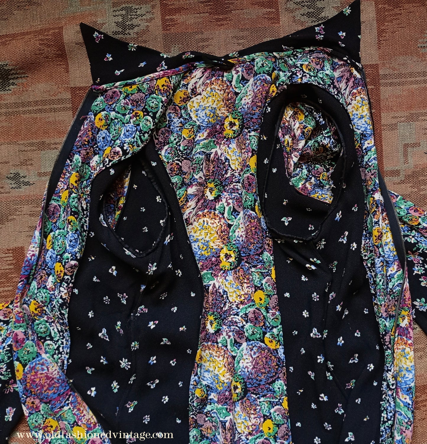 Vintage 1930s Crepe Floral Hostess Gown Zip Lounge Dress Housecoat 1940s UK XS