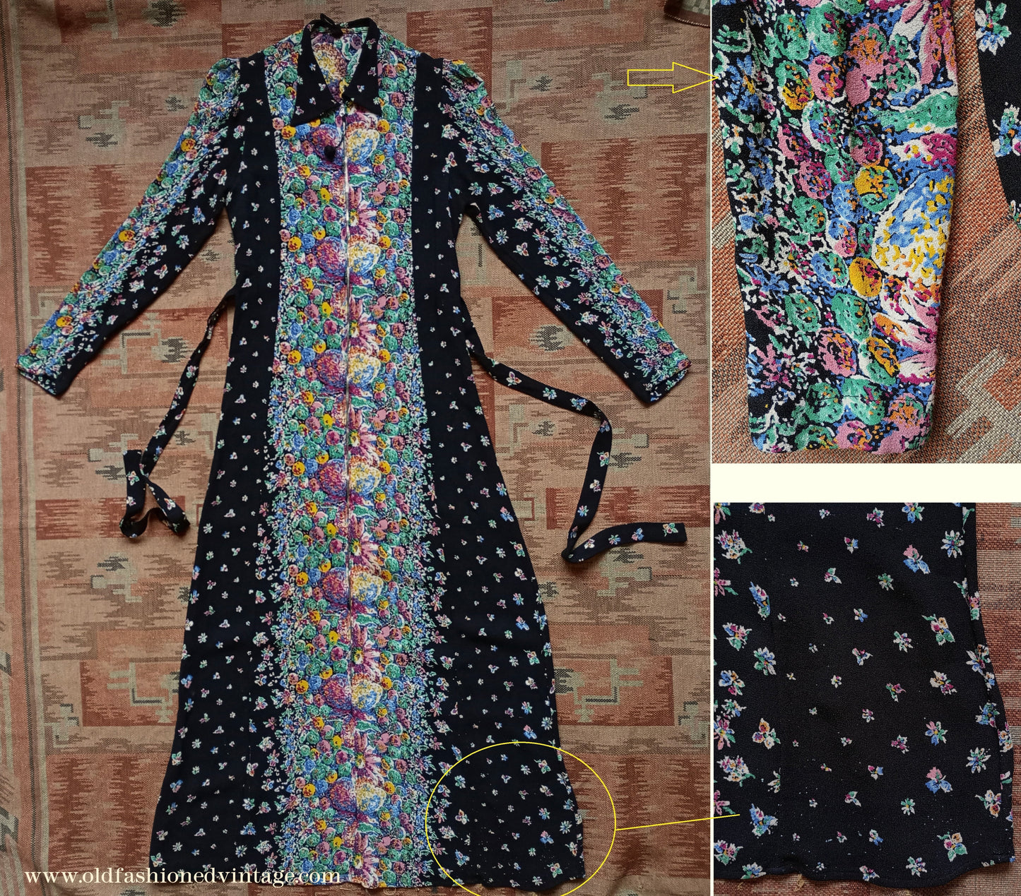 Vintage 1930s Crepe Floral Hostess Gown Zip Lounge Dress Housecoat 1940s UK XS