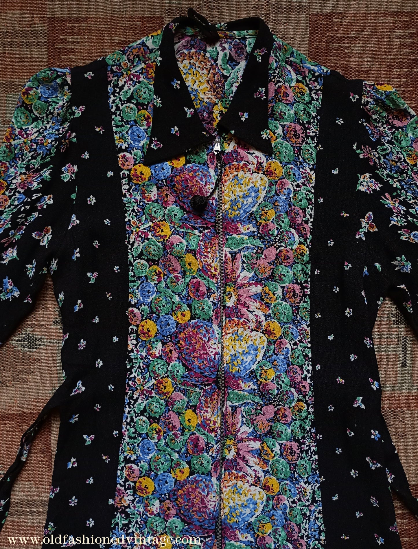 Vintage 1930s Crepe Floral Hostess Gown Zip Lounge Dress Housecoat 1940s UK XS