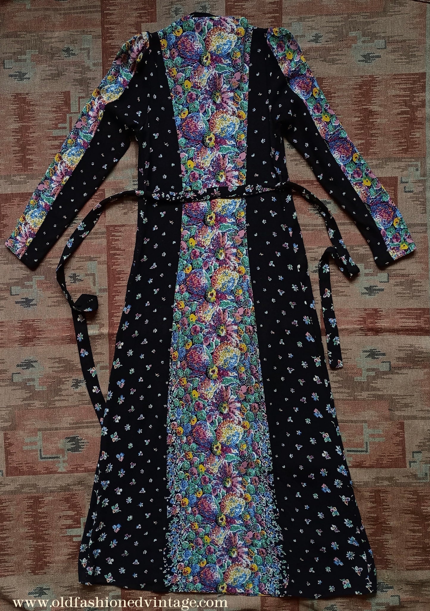 Vintage 1930s Crepe Floral Hostess Gown Zip Lounge Dress Housecoat 1940s UK XS