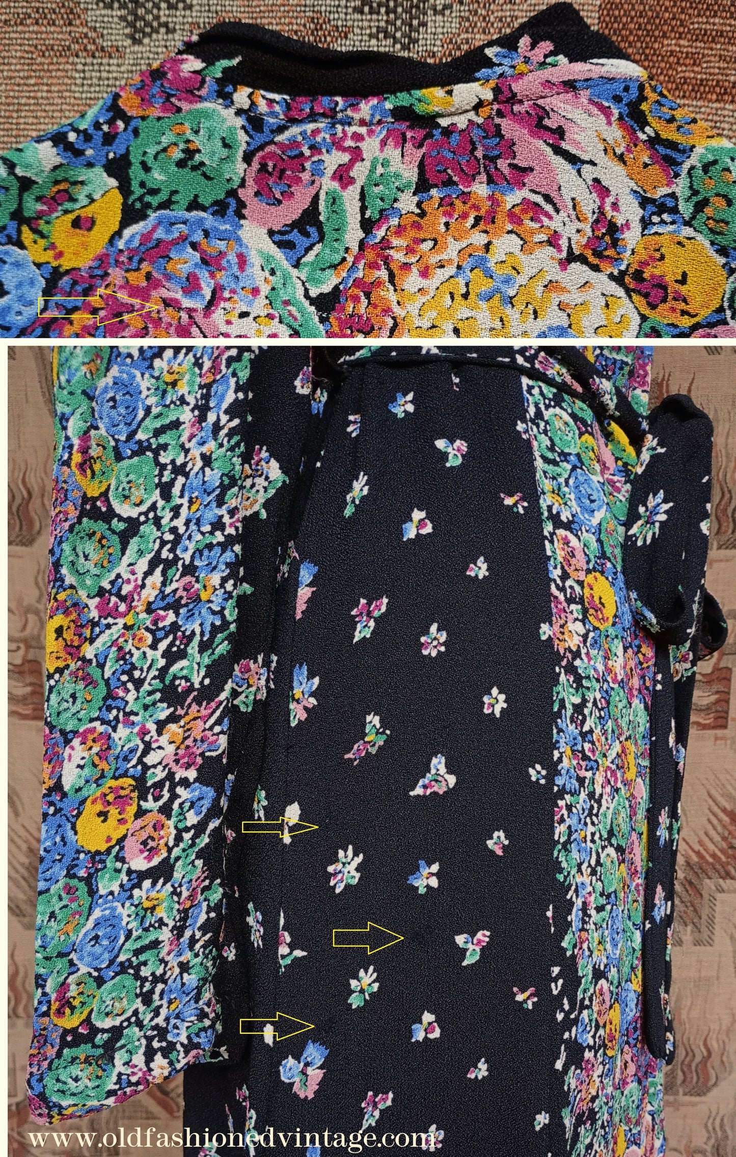Vintage 1930s Crepe Floral Hostess Gown Zip Lounge Dress Housecoat 1940s UK XS