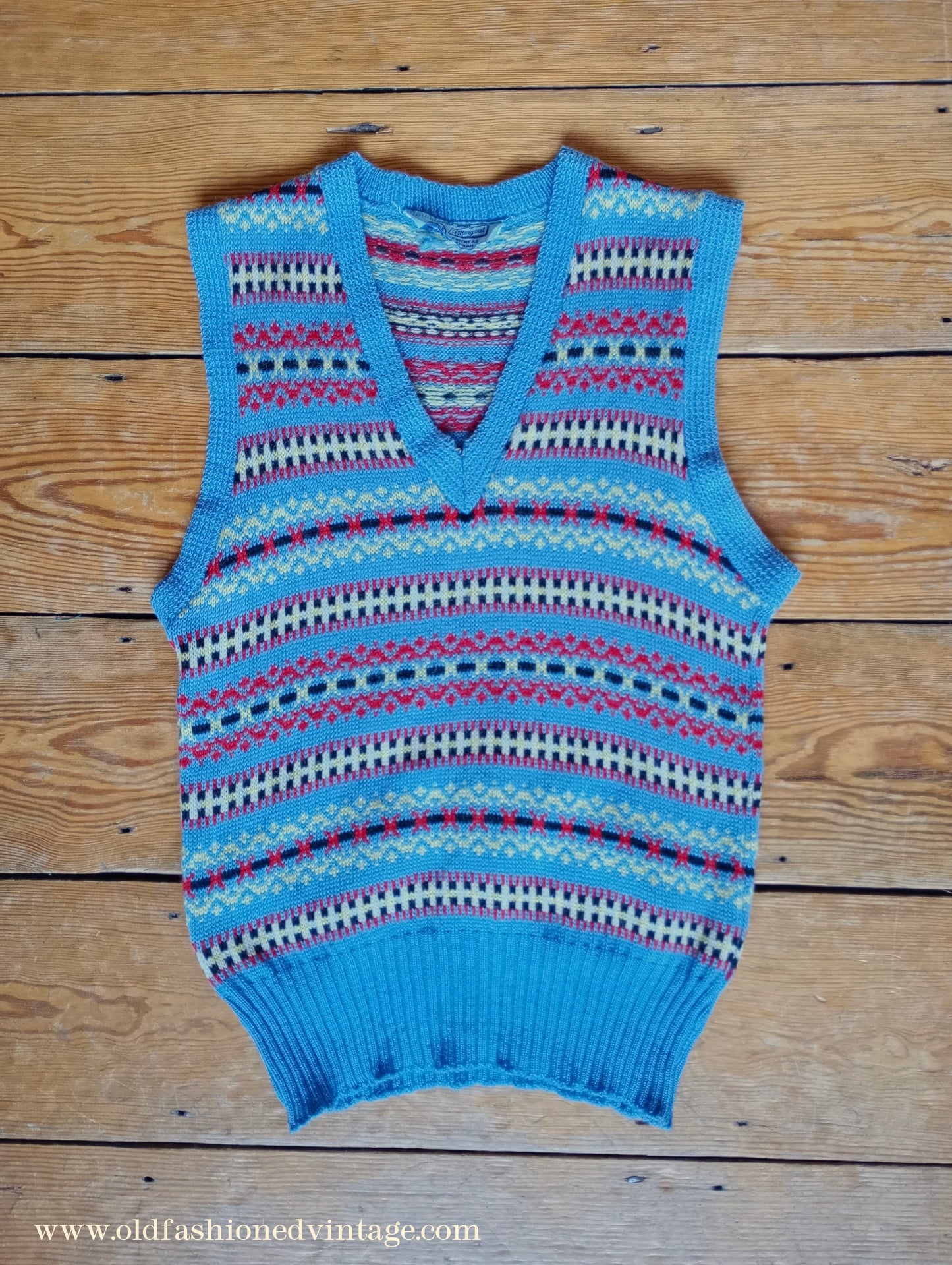 Vintage Mens 1940s 1950s Blue Wool Fair Isle Slipover Sweater Vest Tank Top Machine Knitted XS