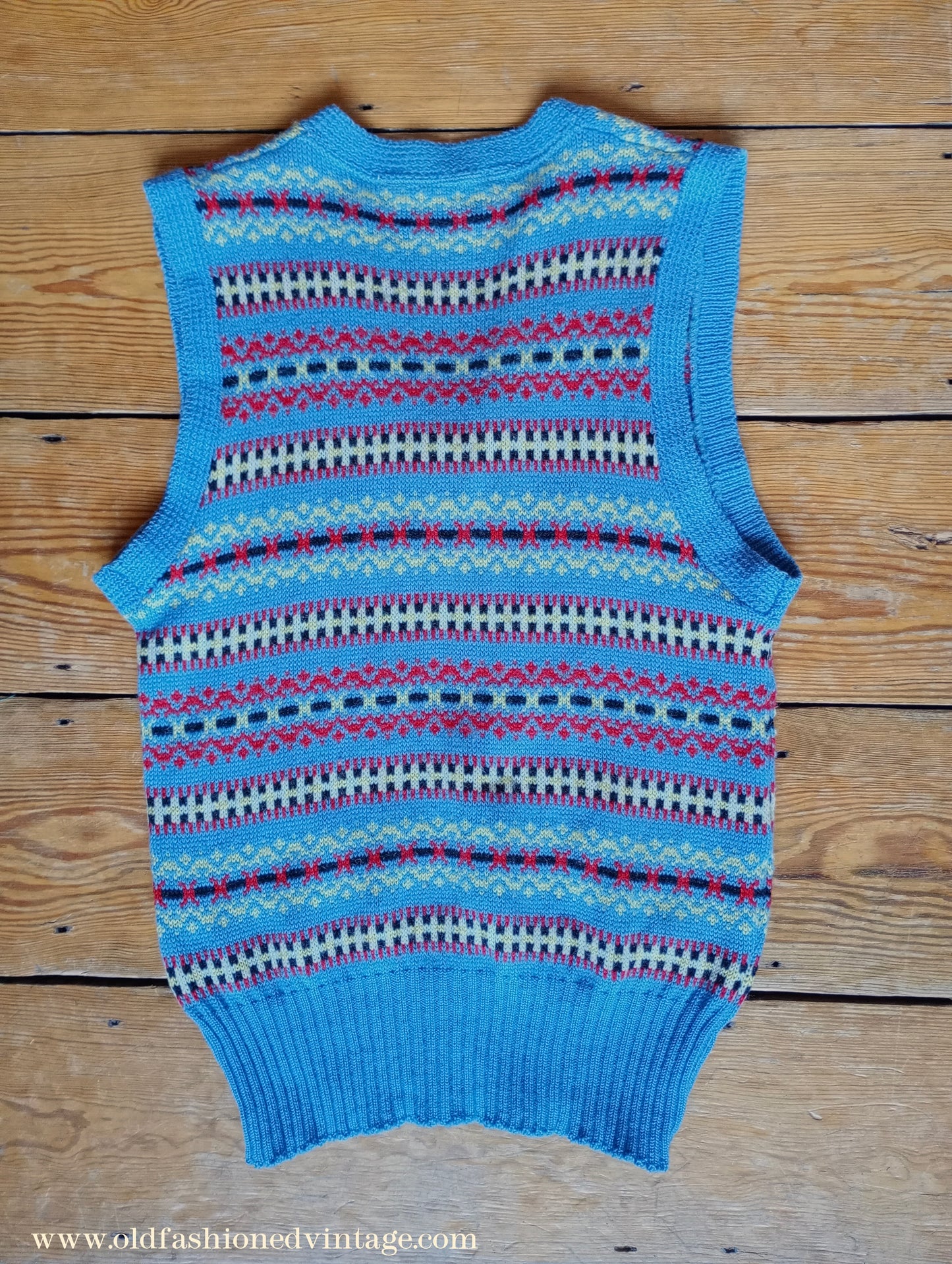 Vintage Mens 1940s 1950s Blue Wool Fair Isle Slipover Sweater Vest Tank Top Machine Knitted XS
