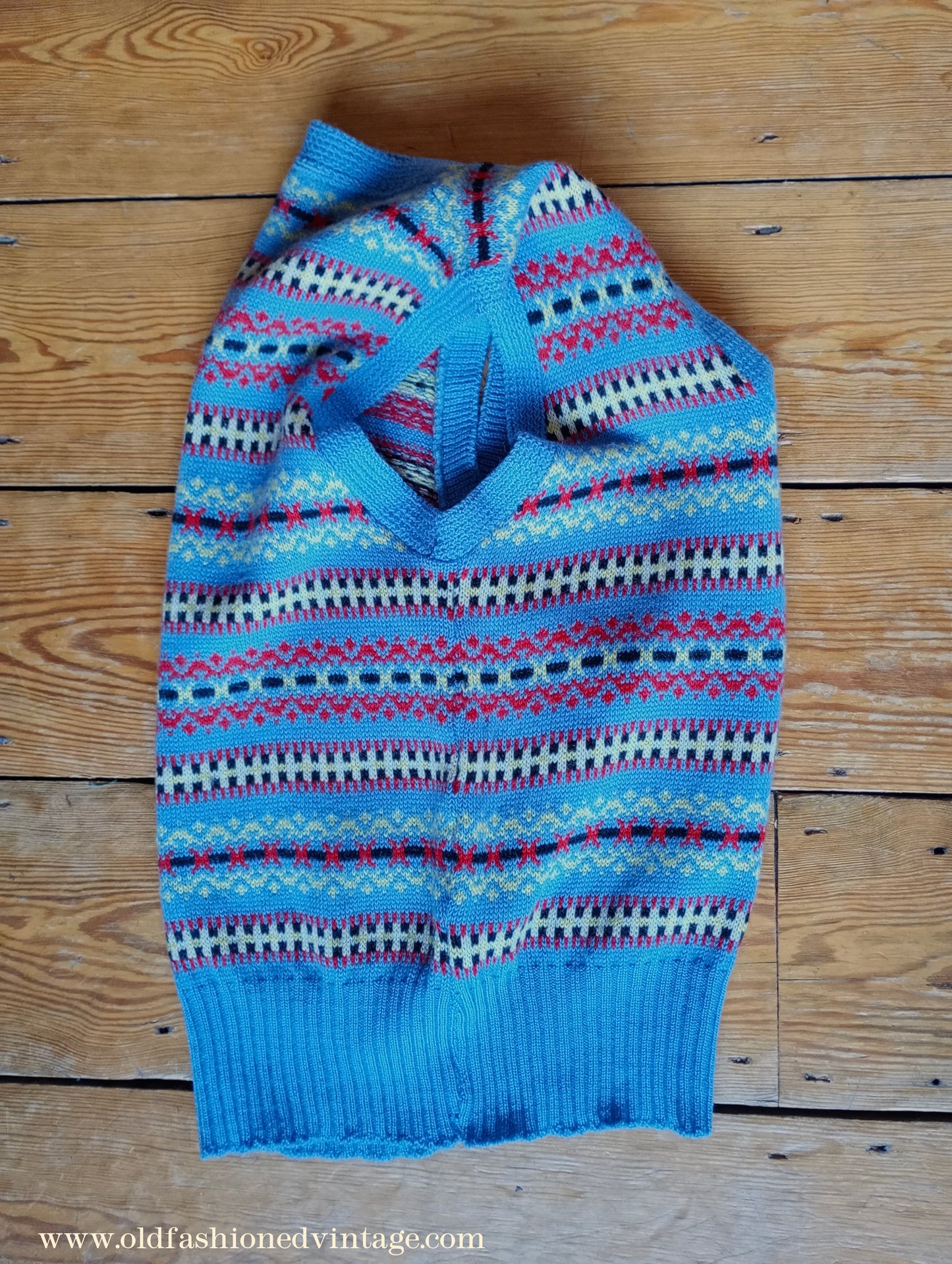 Vintage Mens 1940s 1950s Blue Wool Fair Isle Slipover Sweater Vest Tank Top Machine Knitted XS