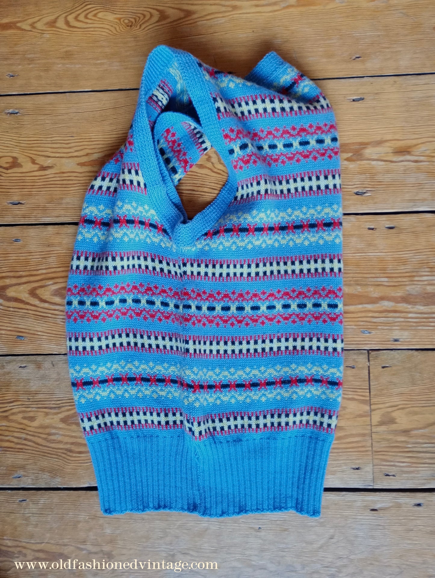 Vintage Mens 1940s 1950s Blue Wool Fair Isle Slipover Sweater Vest Tank Top Machine Knitted XS