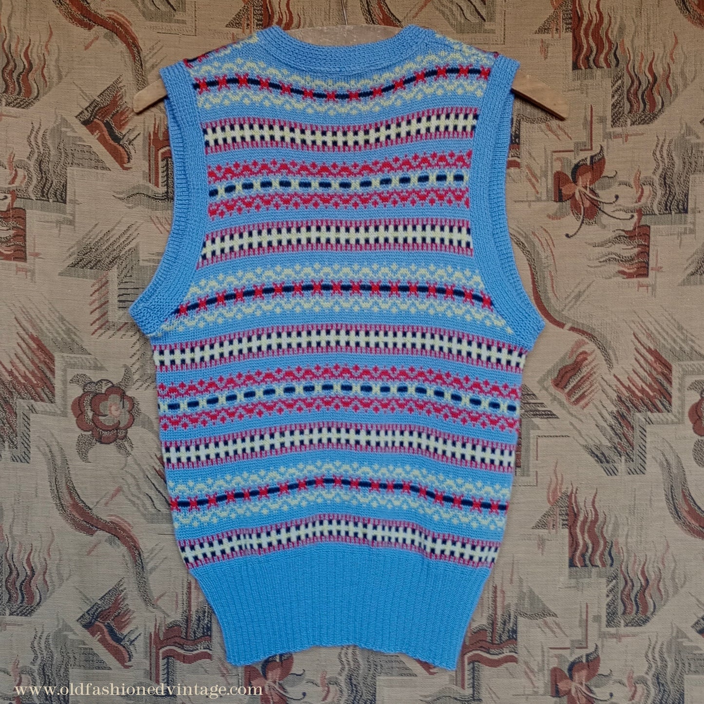 Vintage Mens 1940s 1950s Blue Wool Fair Isle Slipover Sweater Vest Tank Top Machine Knitted XS