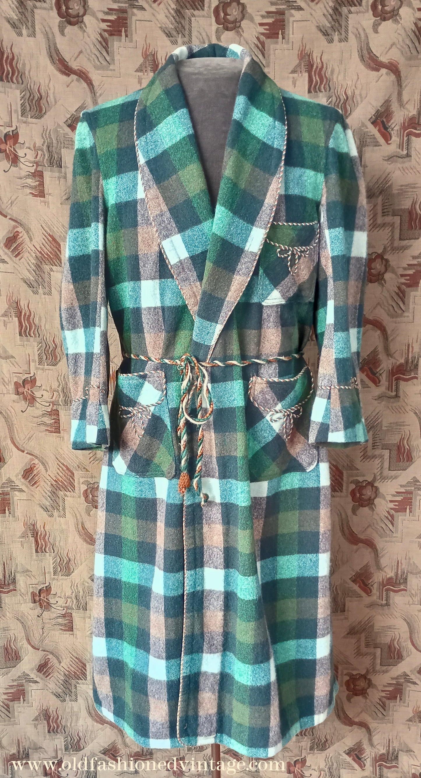 Vintage Mens 1950s Wool Dressing Gown Robe Green Brown Check Plaid UK Small