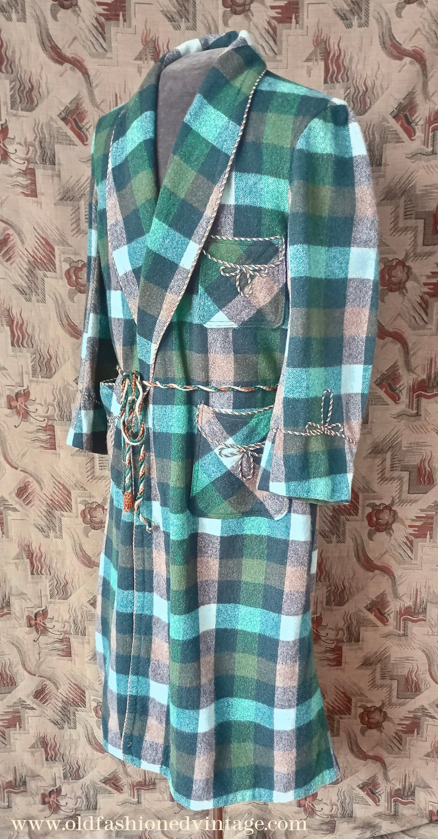 Vintage Mens 1950s Wool Dressing Gown Robe Green Brown Check Plaid UK Small
