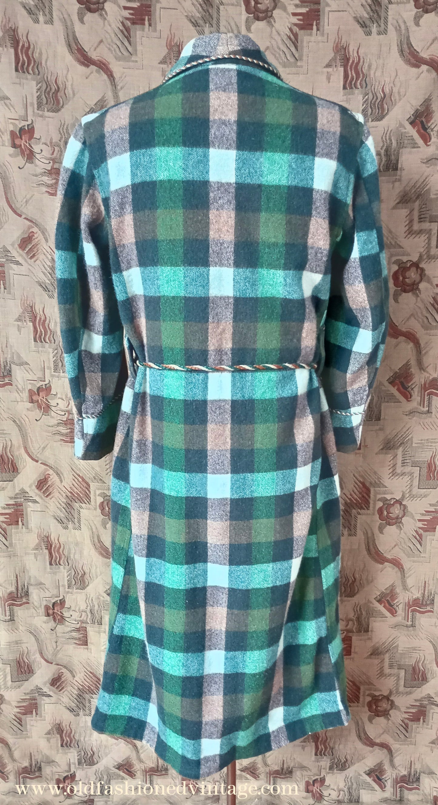 Vintage Mens 1950s Wool Dressing Gown Robe Green Brown Check Plaid UK Small