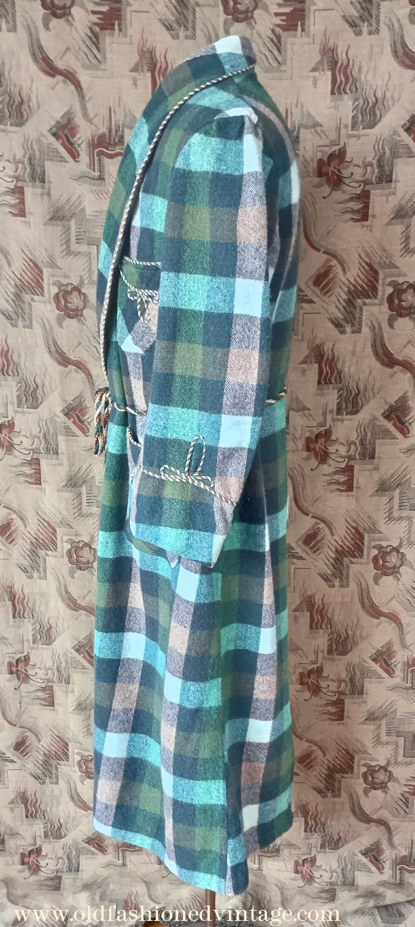 Vintage Mens 1950s Wool Dressing Gown Robe Green Brown Check Plaid UK Small