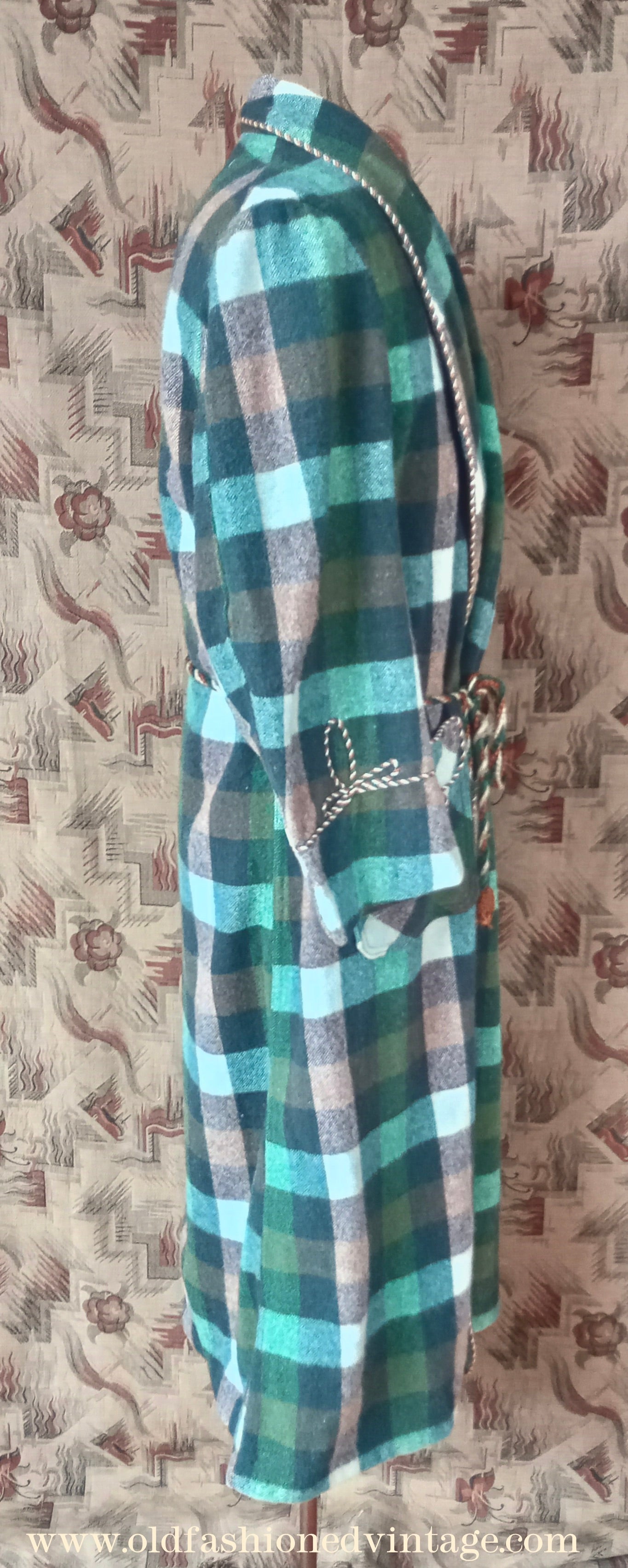 Vintage Mens 1950s Wool Dressing Gown Robe Green Brown Check Plaid UK Small