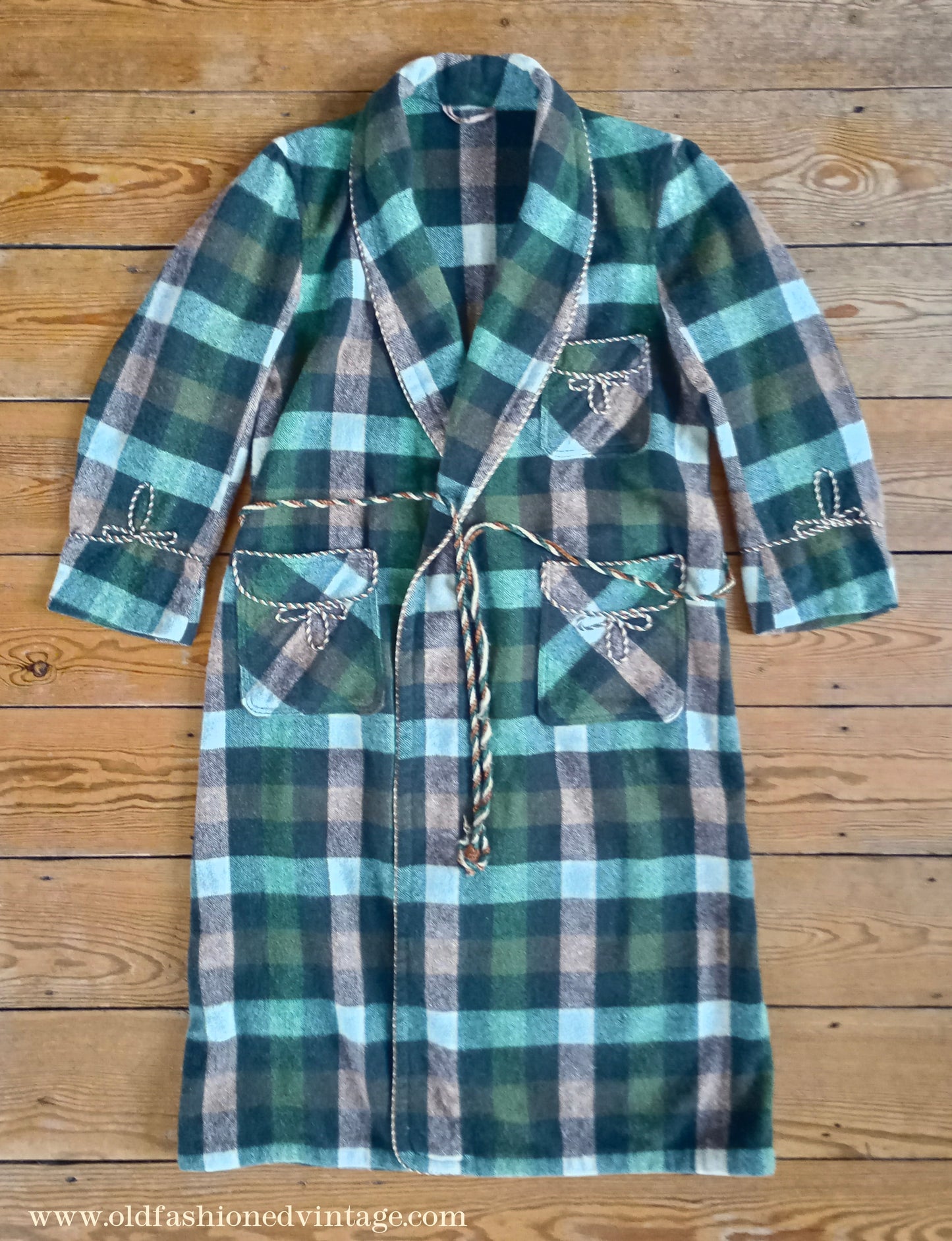 Vintage Mens 1950s Wool Dressing Gown Robe Green Brown Check Plaid UK Small
