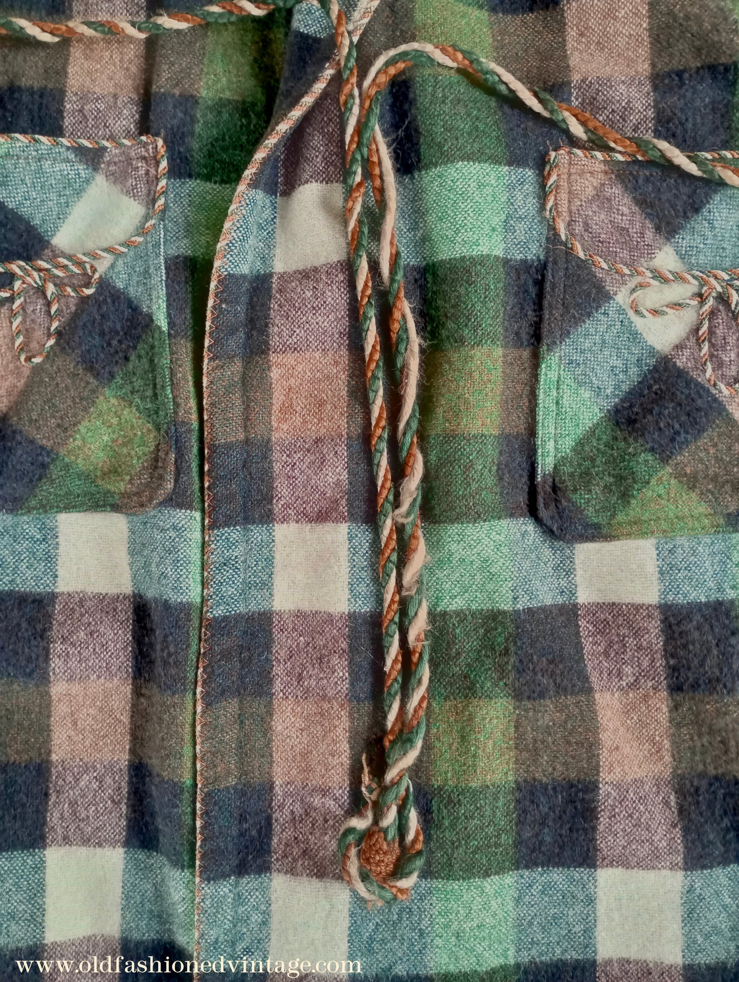 Vintage Mens 1950s Wool Dressing Gown Robe Green Brown Check Plaid UK Small