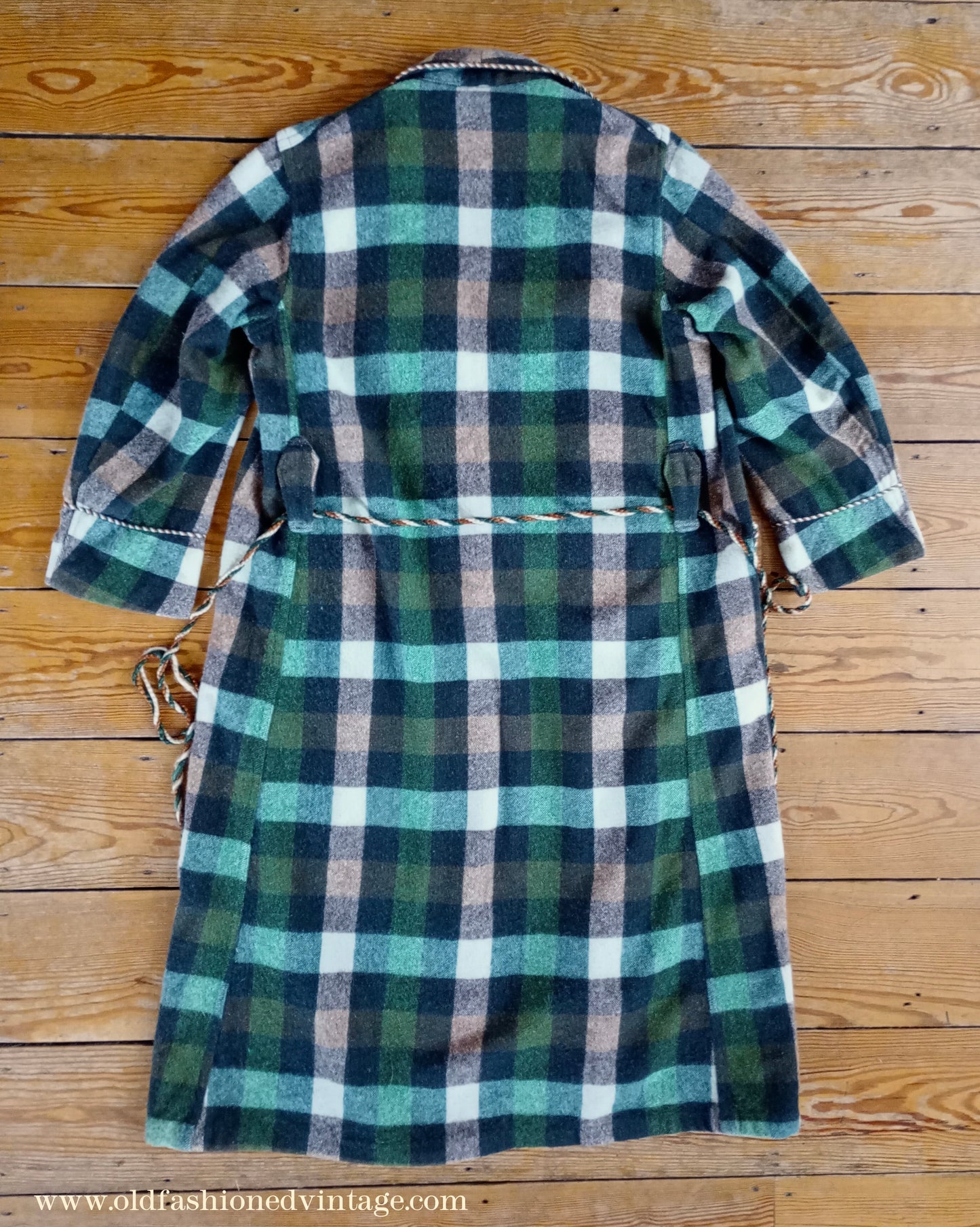 Vintage Mens 1950s Wool Dressing Gown Robe Green Brown Check Plaid UK Small