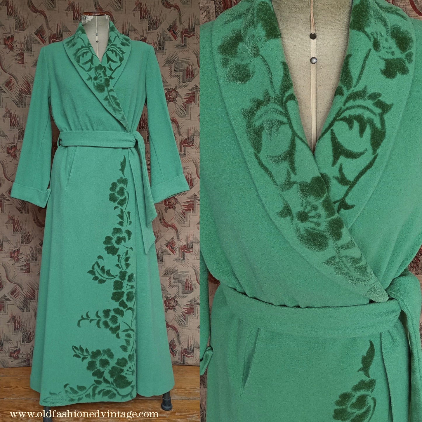 Vintage 1940s 50s Housecoat Dressing Gown Eau De Nil Green Wool Robe UK M