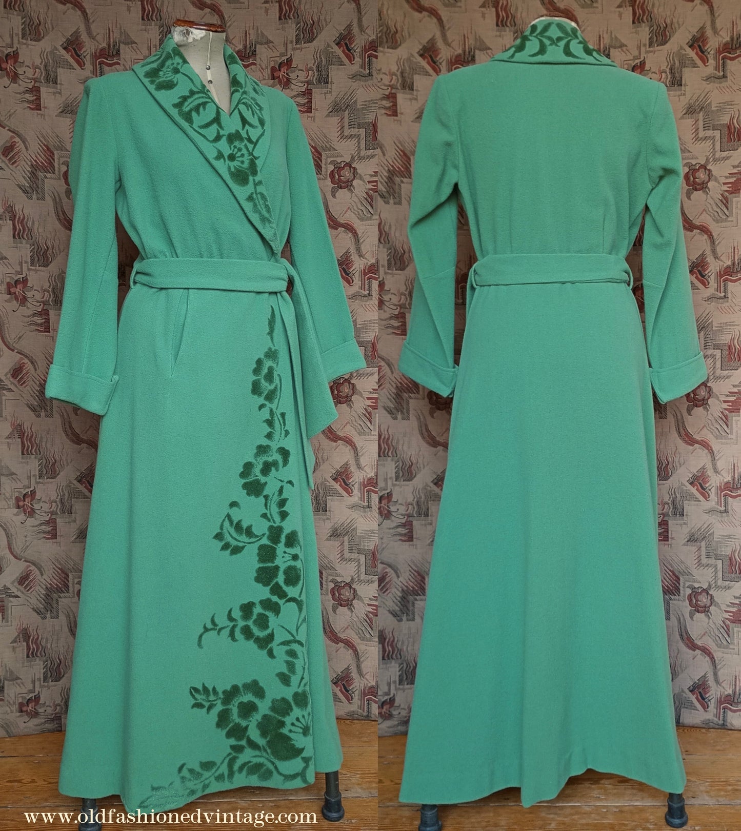 Vintage 1940s 50s Housecoat Dressing Gown Eau De Nil Green Wool Robe UK M