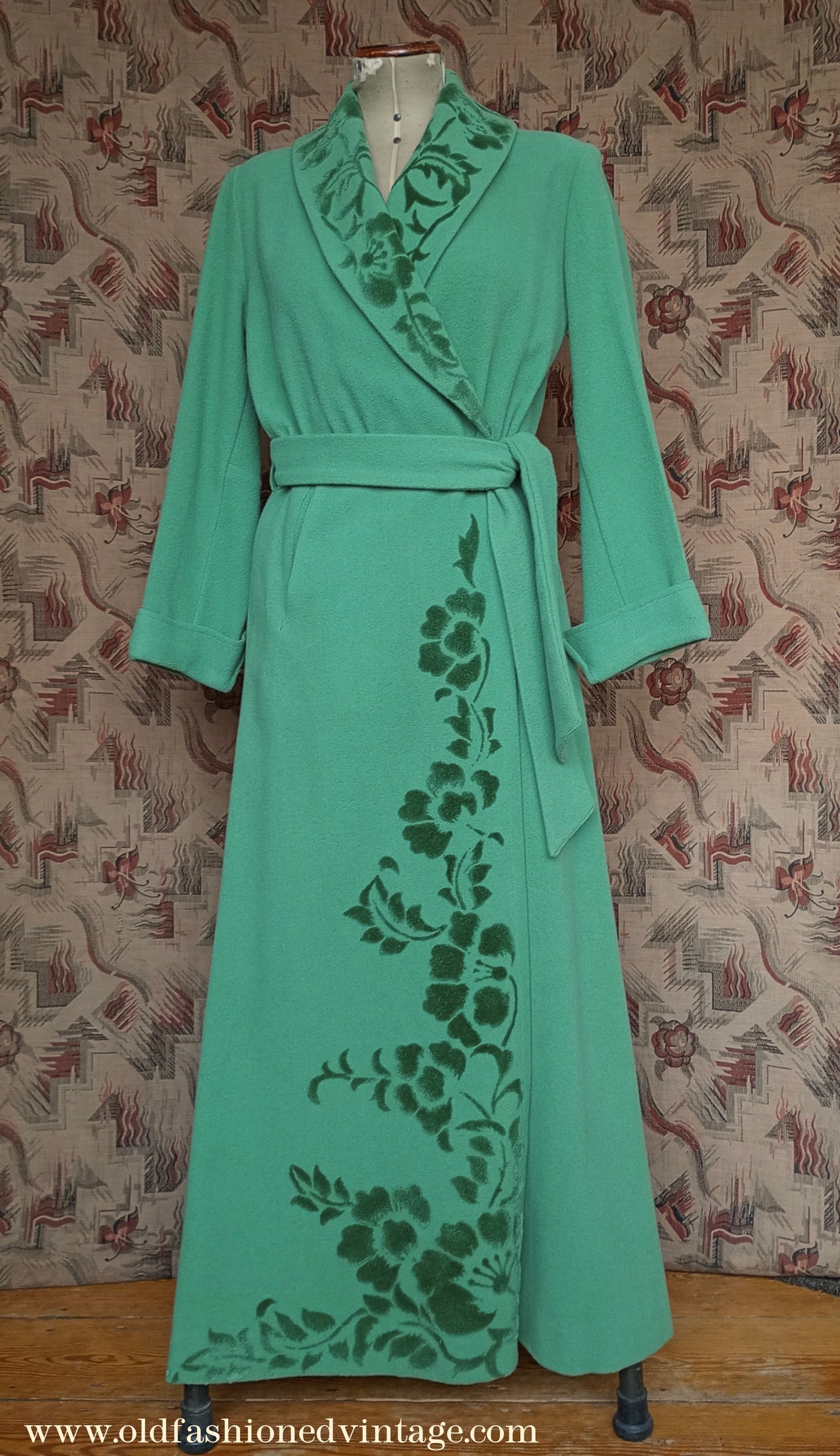 Vintage 1940s 50s Housecoat Dressing Gown Eau De Nil Green Wool Robe UK M