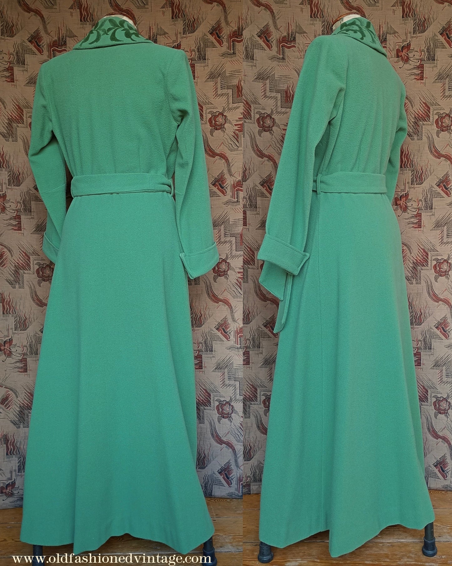 Vintage 1940s 50s Housecoat Dressing Gown Eau De Nil Green Wool Robe UK M