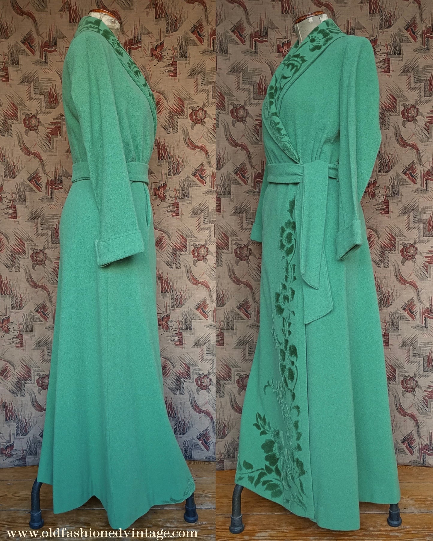 Vintage 1940s 50s Housecoat Dressing Gown Eau De Nil Green Wool Robe UK M