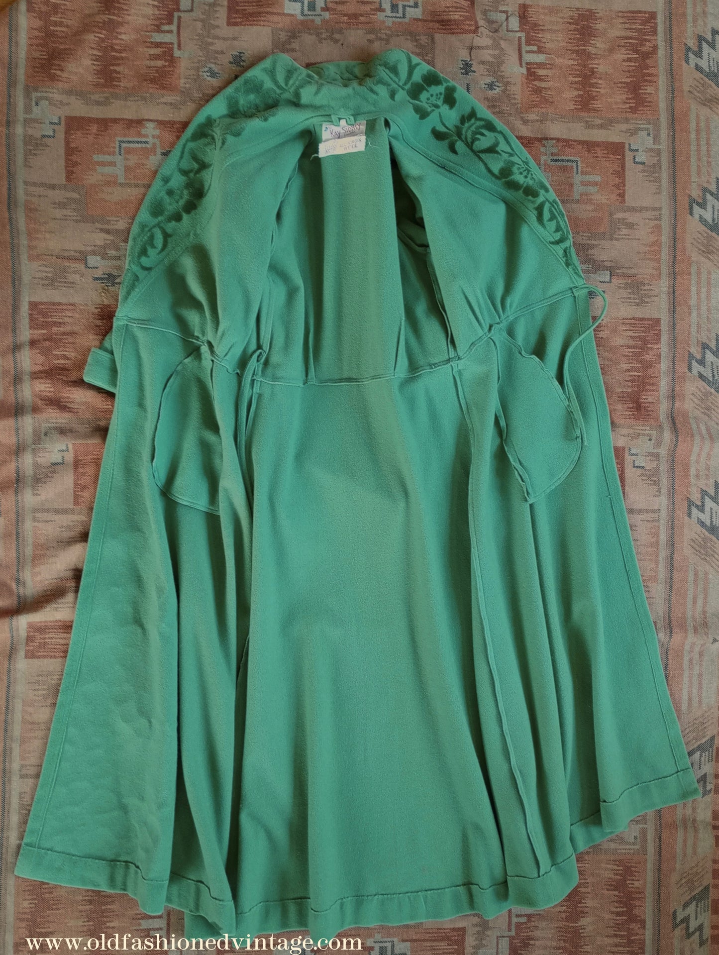 Vintage 1940s 50s Housecoat Dressing Gown Eau De Nil Green Wool Robe UK M