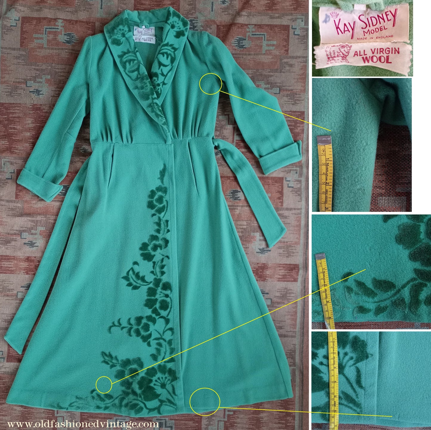 Vintage 1940s 50s Housecoat Dressing Gown Eau De Nil Green Wool Robe UK M