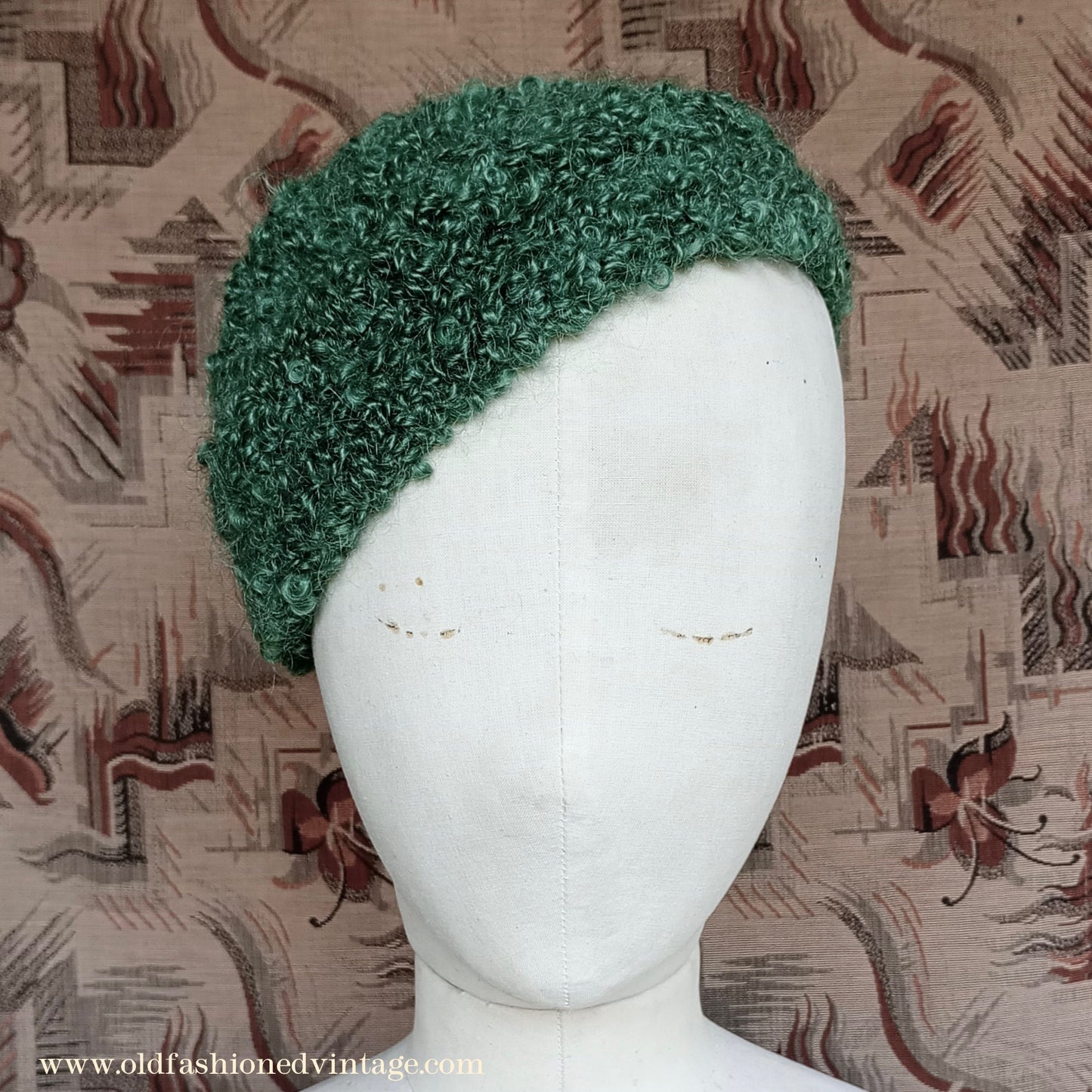 Vintage 1930s 1940s Style Knitted Astrakhan Wool Green Beanie Hat