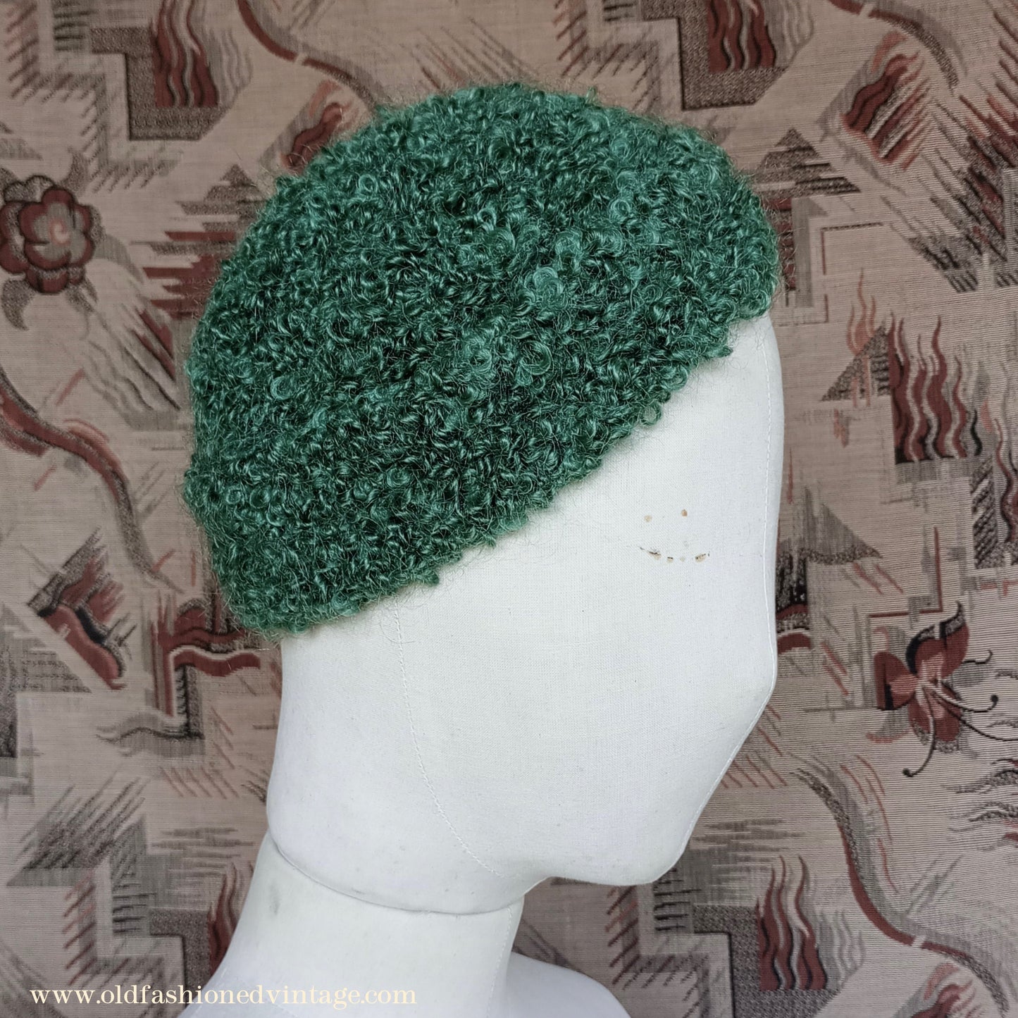 Vintage 1930s 1940s Style Knitted Astrakhan Wool Green Beanie Hat