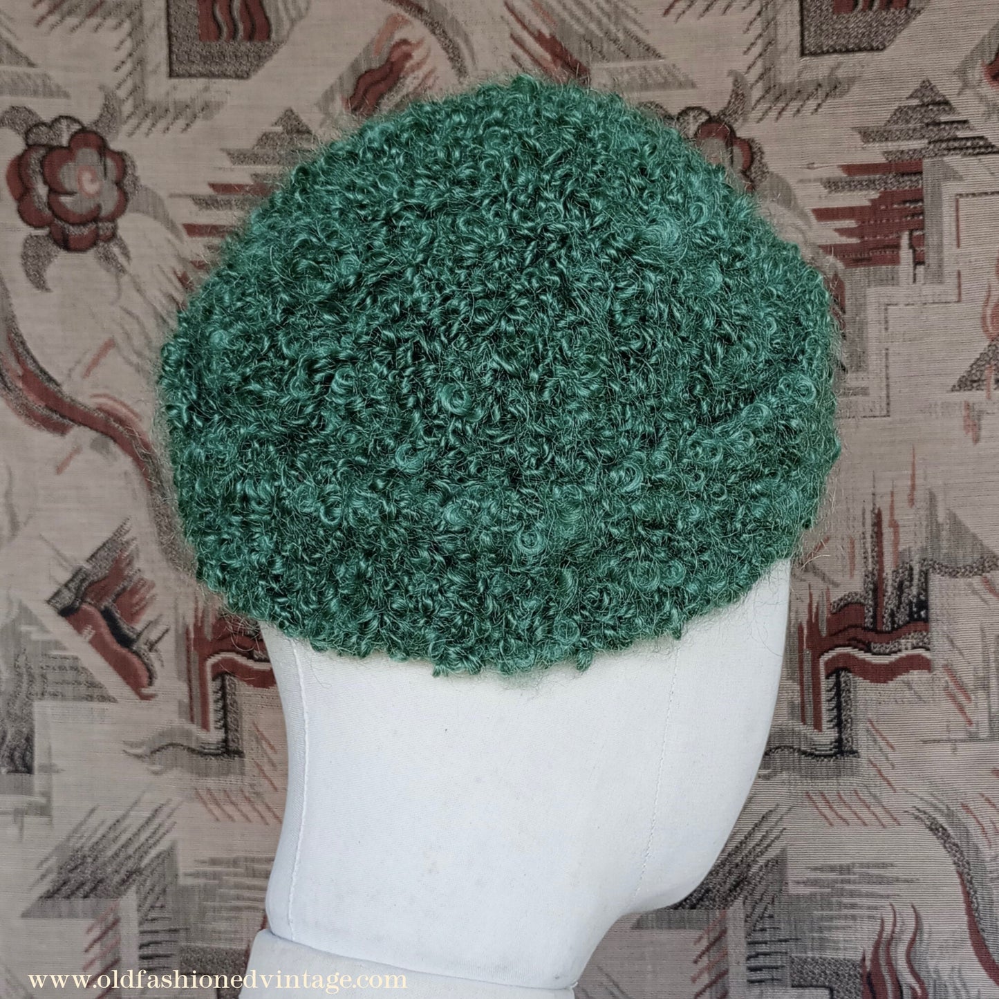 Vintage 1930s 1940s Style Knitted Astrakhan Wool Green Beanie Hat