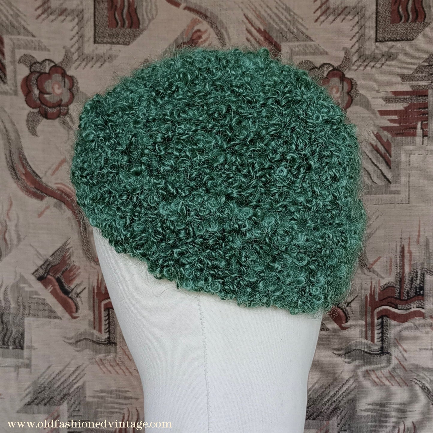 Vintage 1930s 1940s Style Knitted Astrakhan Wool Green Beanie Hat