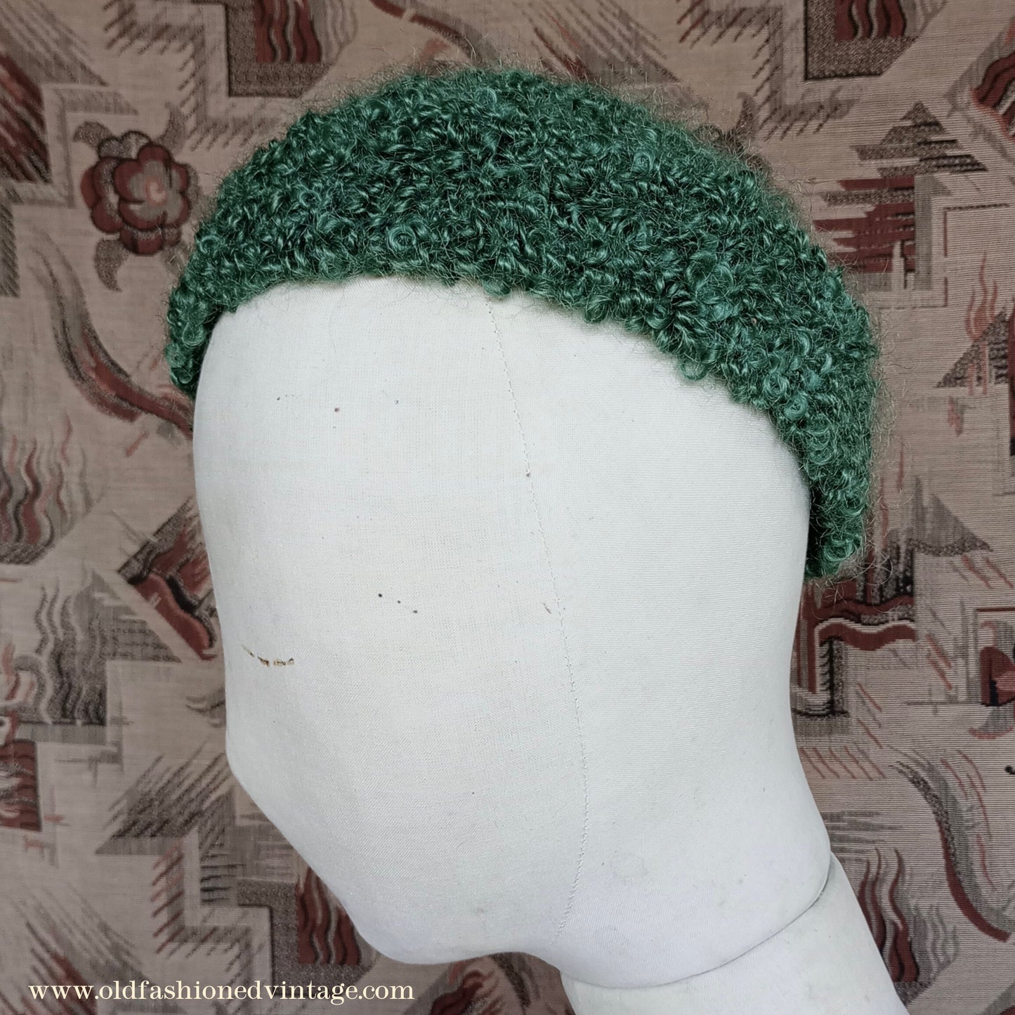 Vintage 1930s 1940s Style Knitted Astrakhan Wool Green Beanie Hat