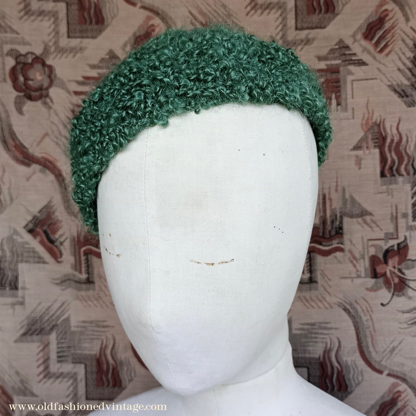 Vintage 1930s 1940s Style Knitted Astrakhan Wool Green Beanie Hat