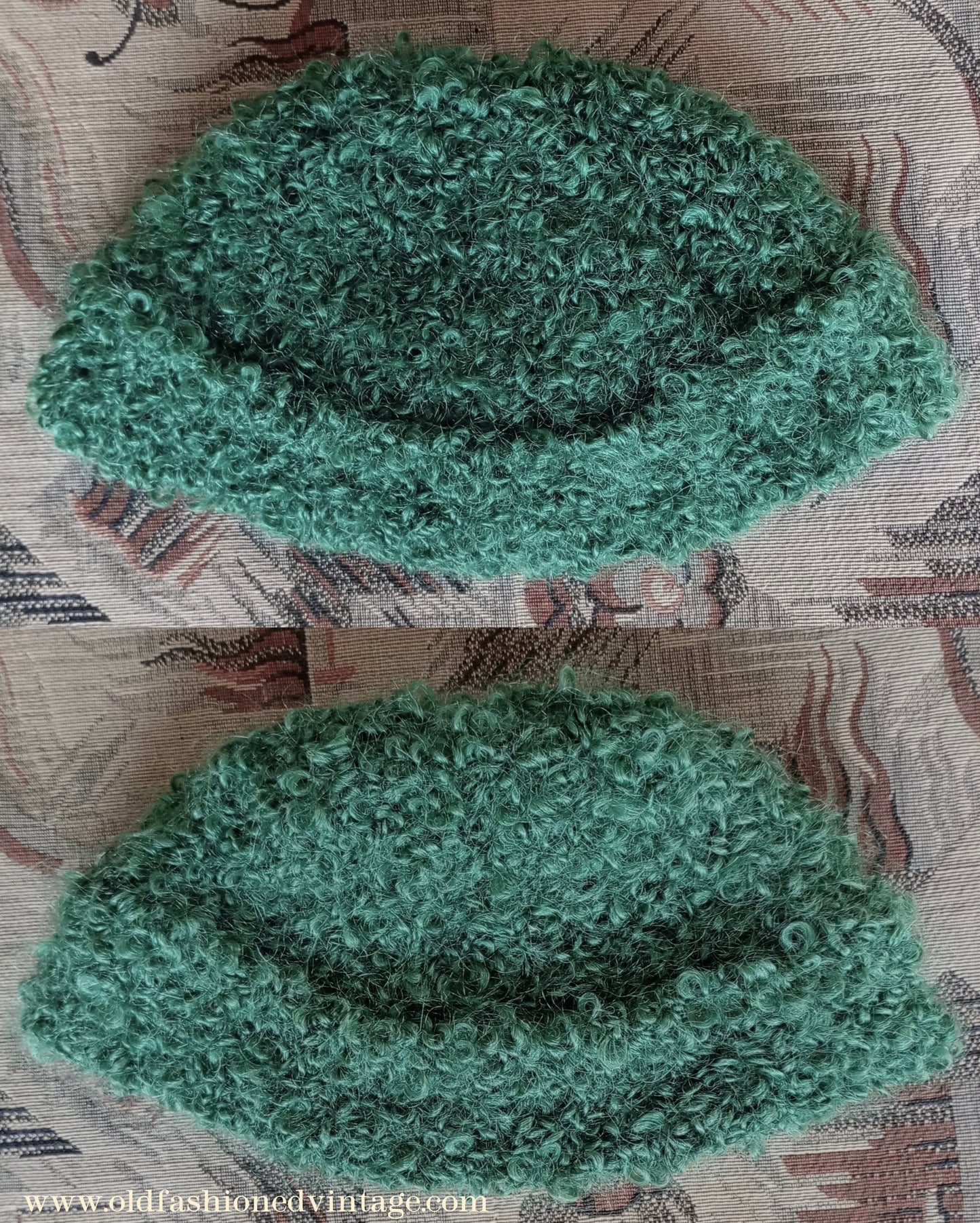 Vintage 1930s 1940s Style Knitted Astrakhan Wool Green Beanie Hat