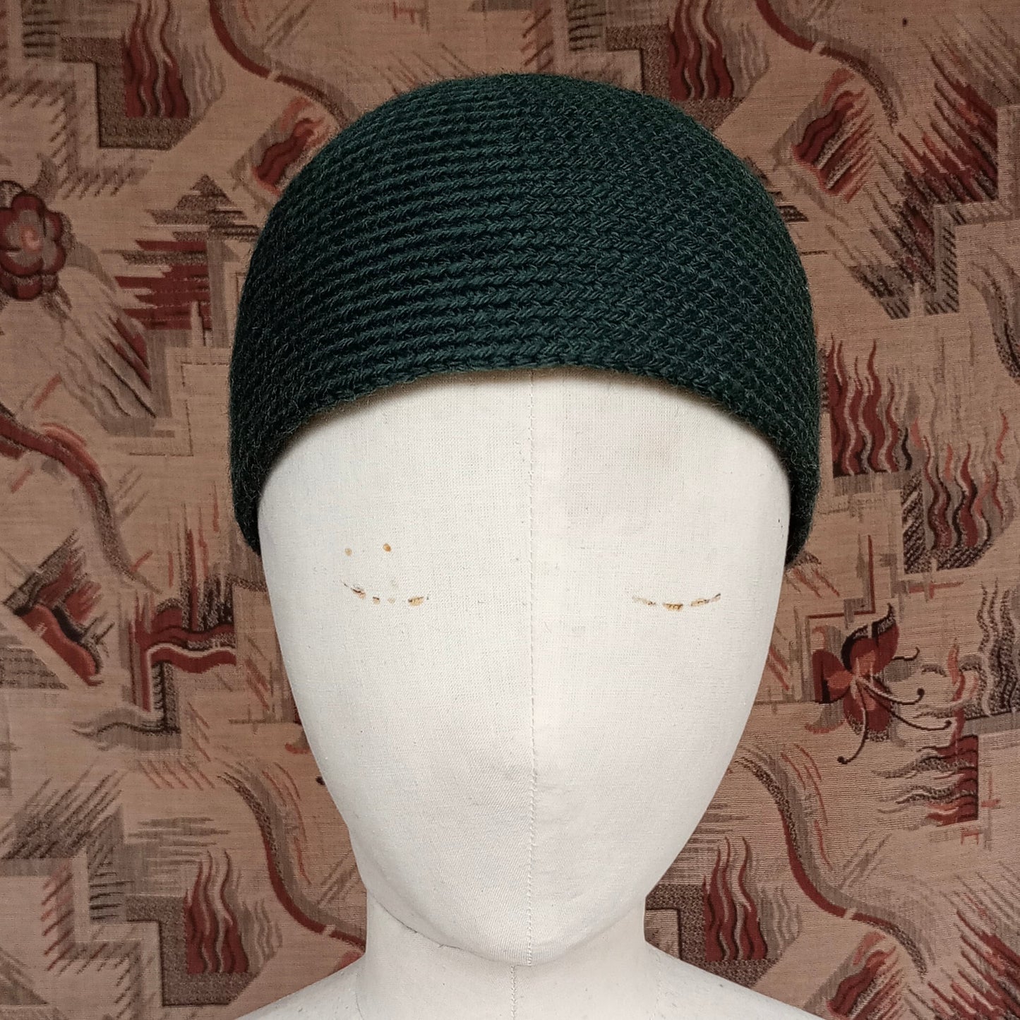 Vintage Style Crochet Beanie Hat Green Wool Skull Cap