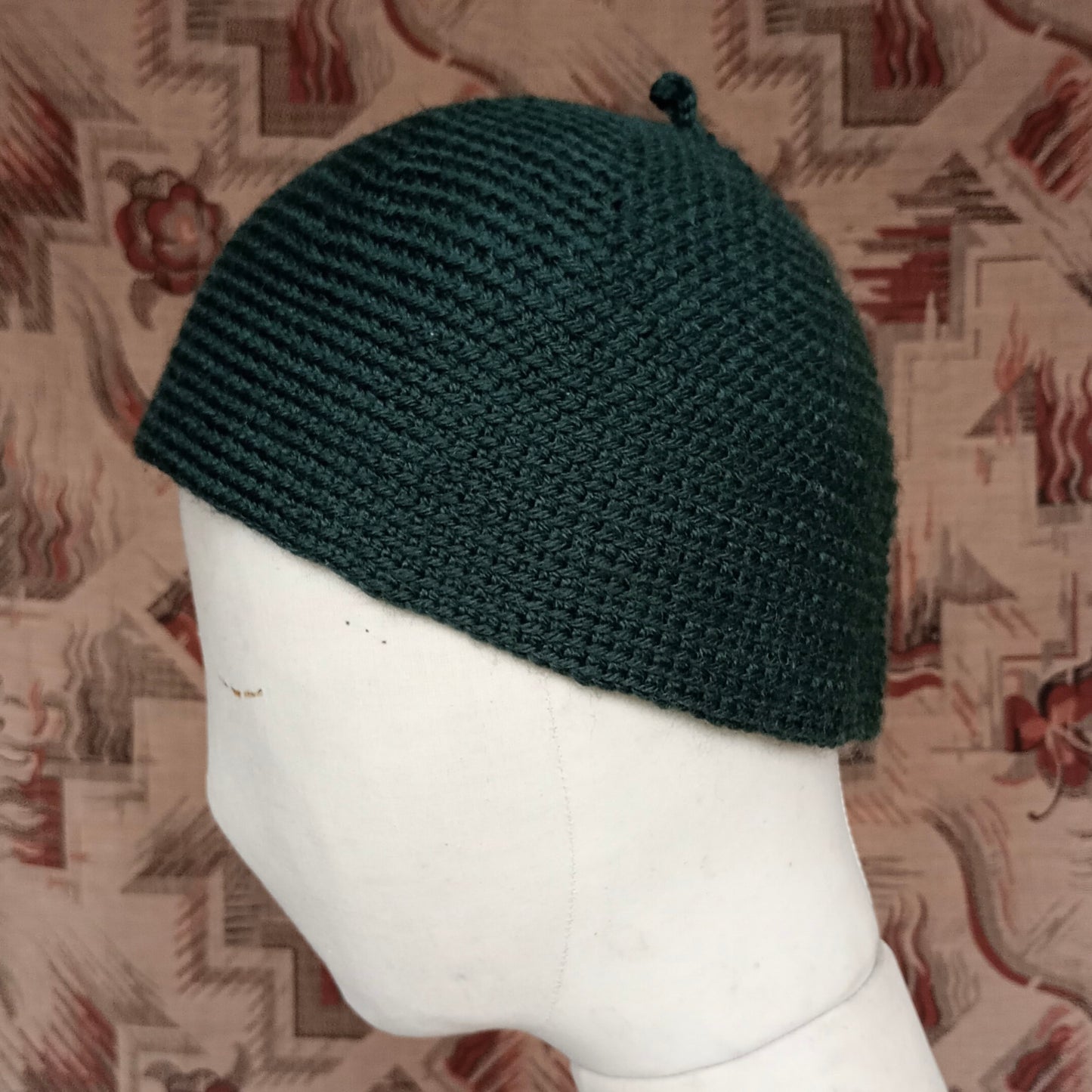 Vintage Style Crochet Beanie Hat Green Wool Skull Cap