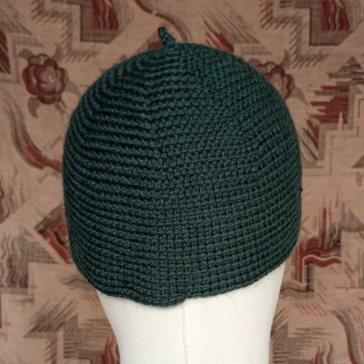 Vintage Style Crochet Beanie Hat Green Wool Skull Cap