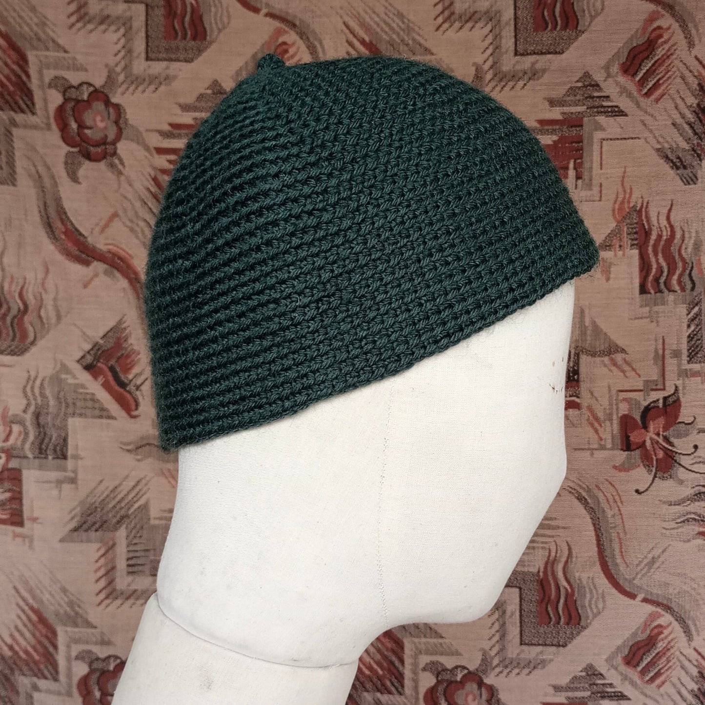 Vintage Style Crochet Beanie Hat Green Wool Skull Cap