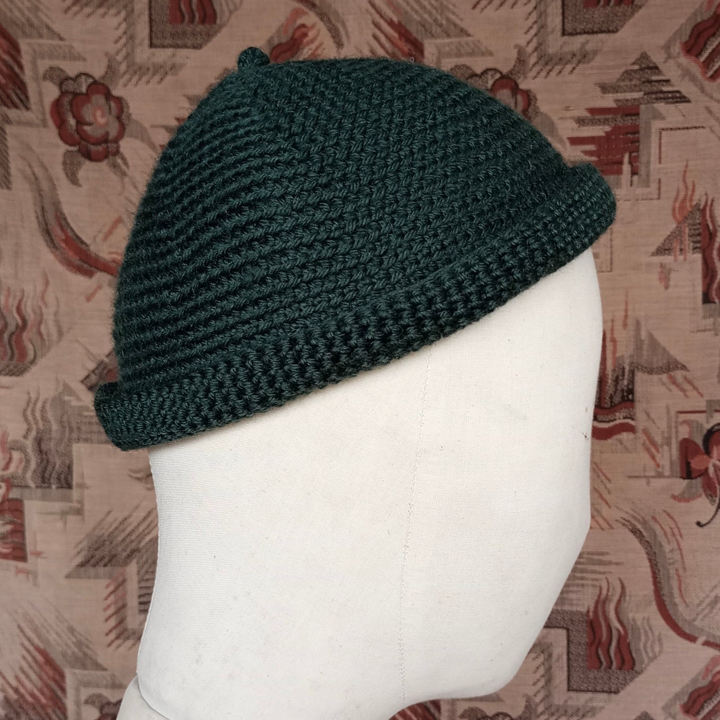 Vintage Style Crochet Beanie Hat Green Wool Skull Cap