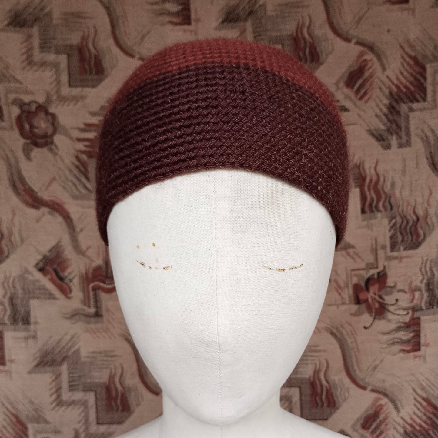Vintage Style Crochet Beanie Hat Brown Two Tone Wool Skull Cap