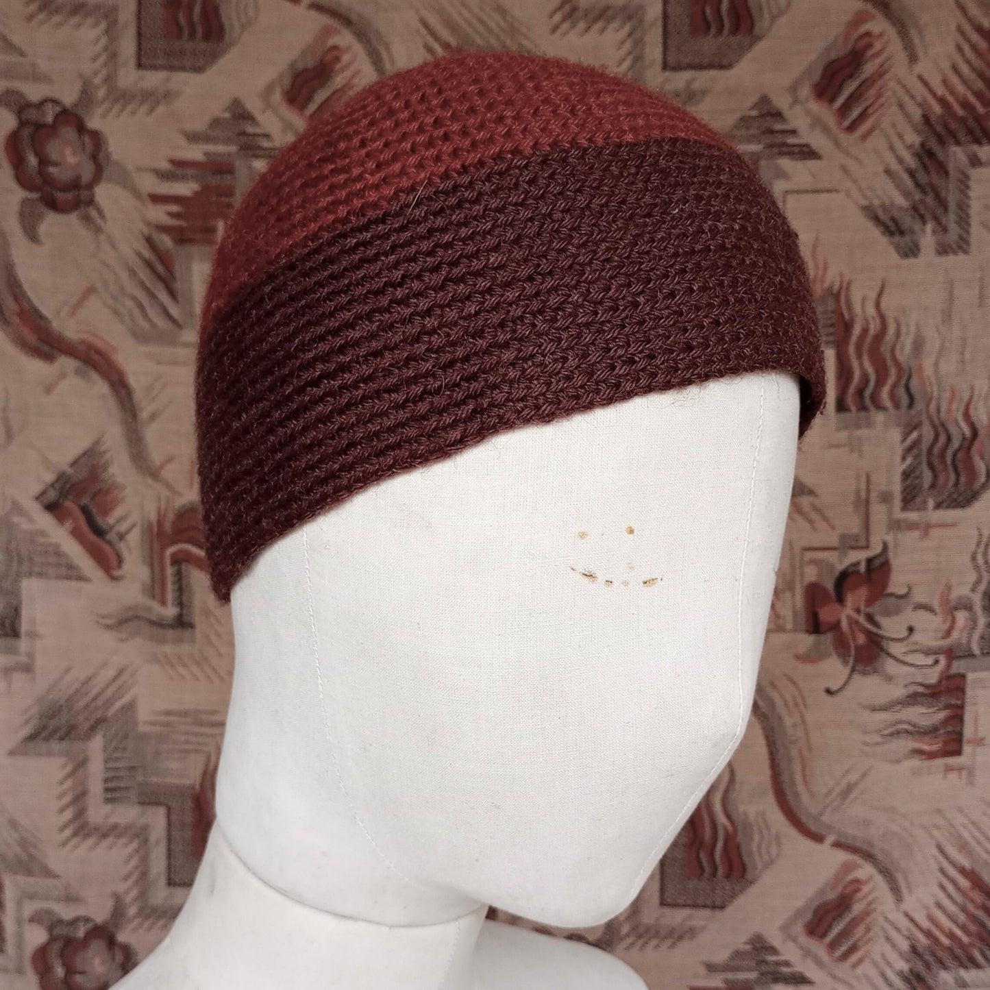 Vintage Style Crochet Beanie Hat Brown Two Tone Wool Skull Cap