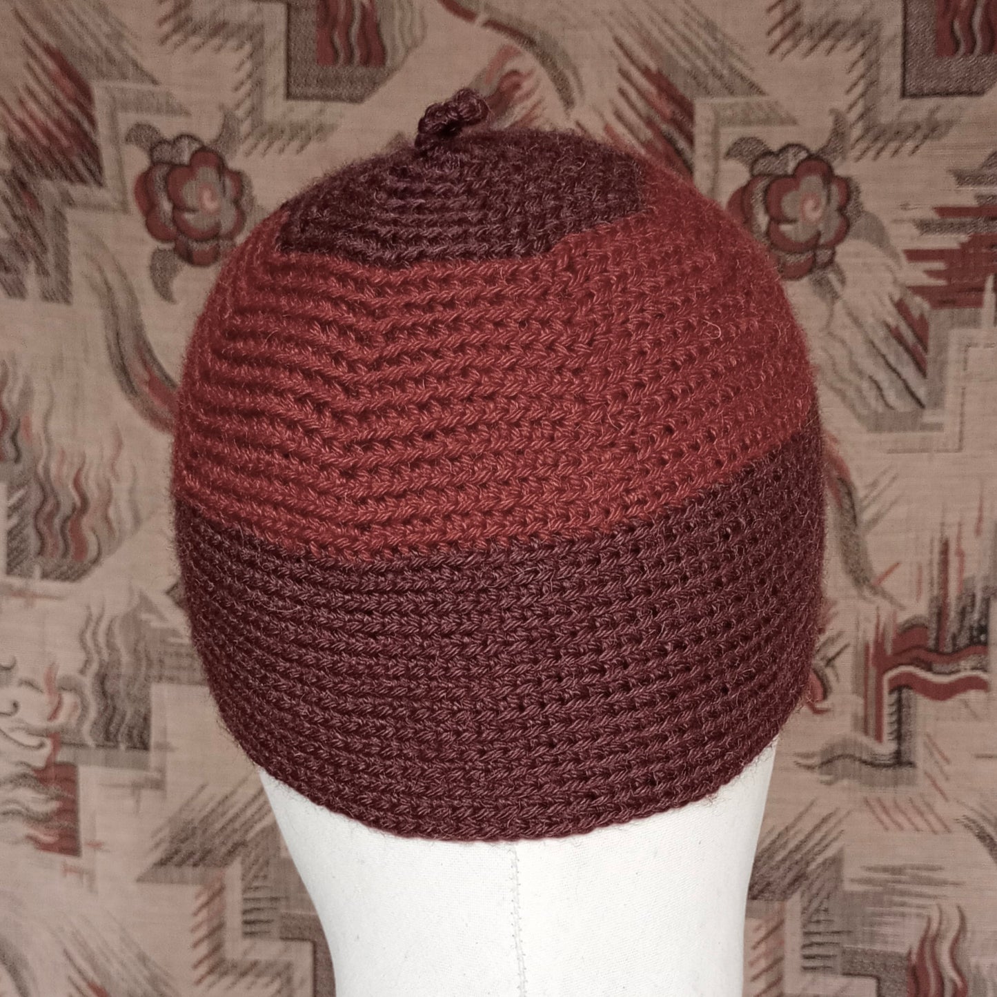 Vintage Style Crochet Beanie Hat Brown Two Tone Wool Skull Cap
