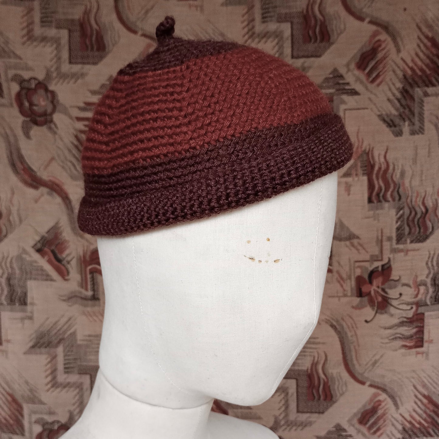 Vintage Style Crochet Beanie Hat Brown Two Tone Wool Skull Cap