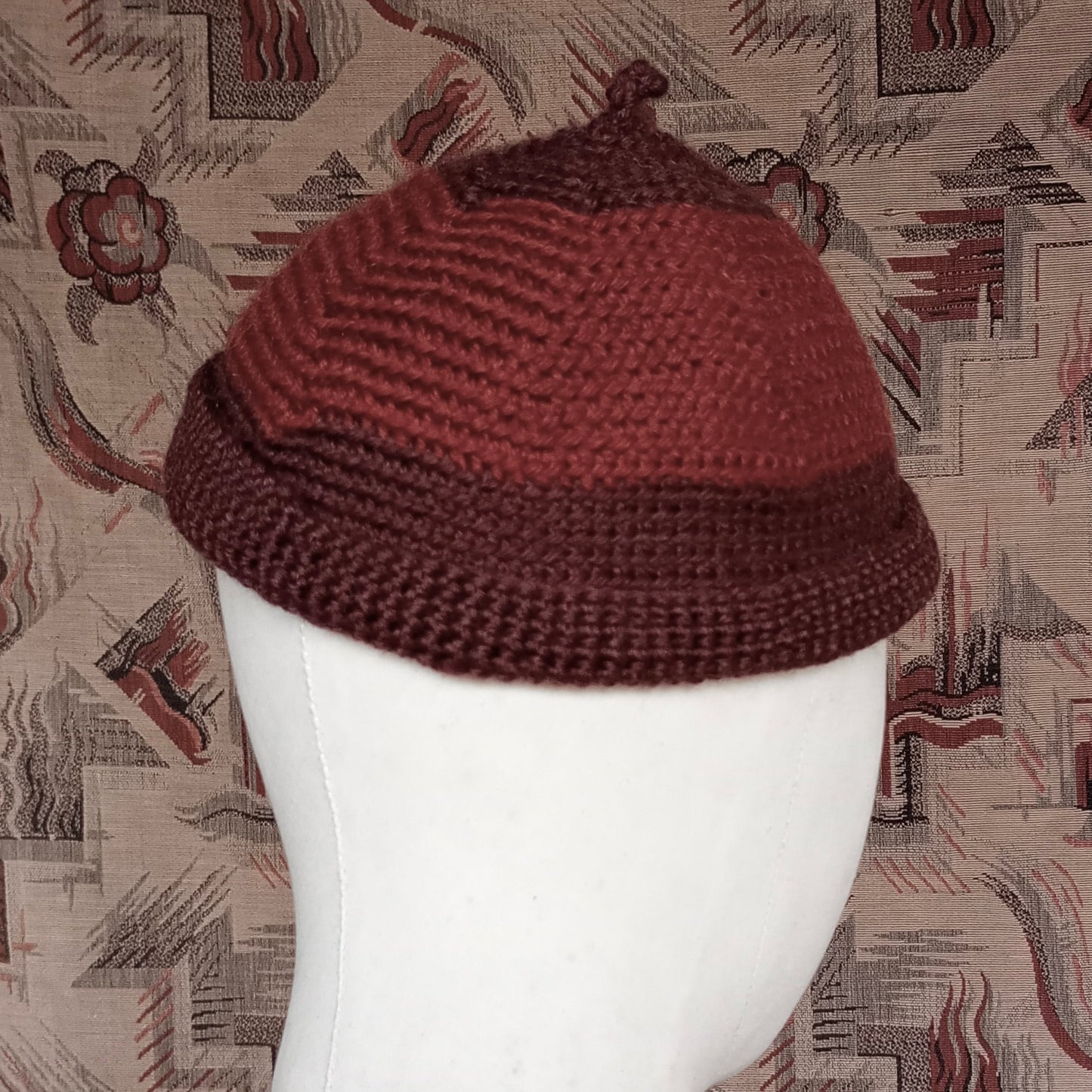 Vintage Style Crochet Beanie Hat Brown Two Tone Wool Skull Cap