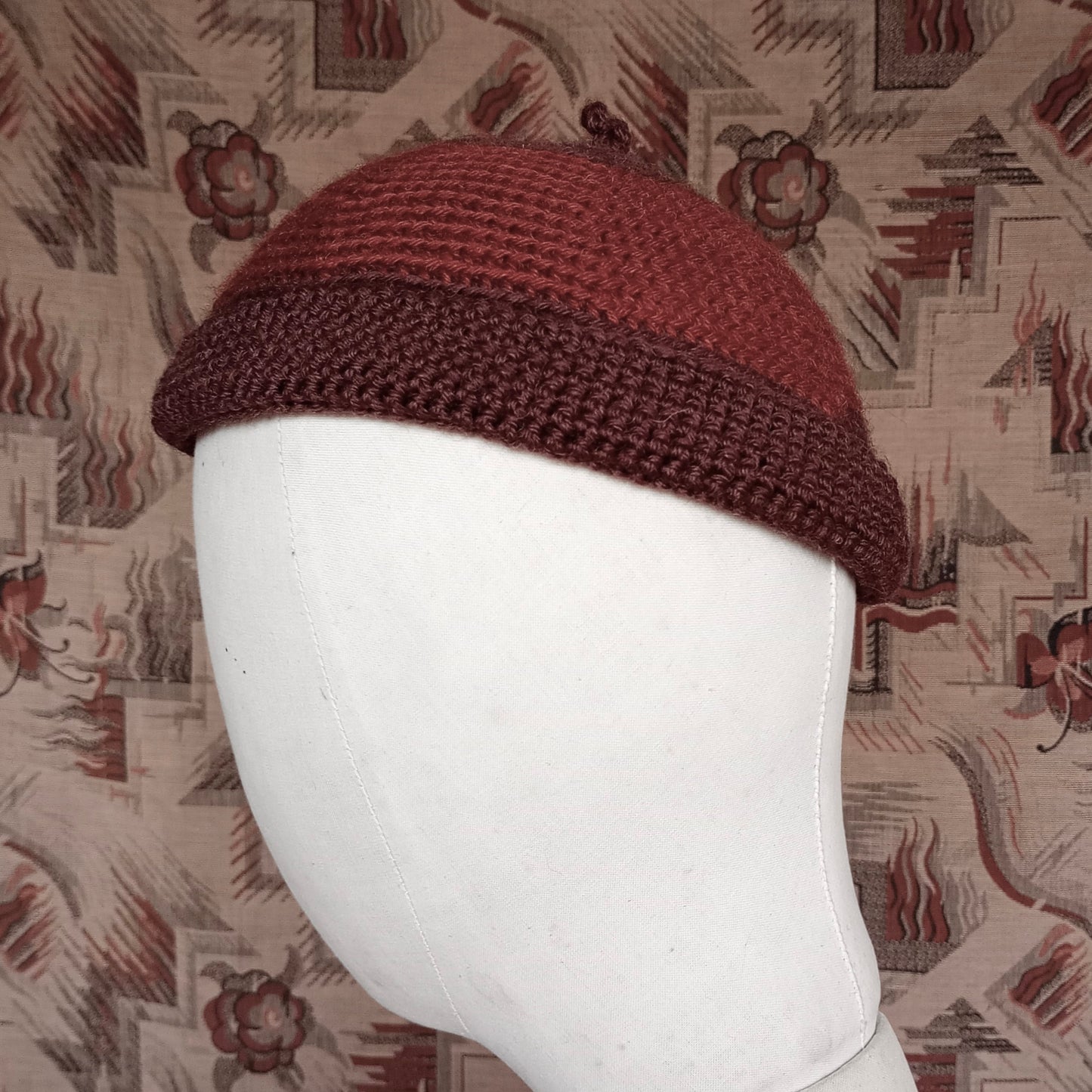 Vintage Style Crochet Beanie Hat Brown Two Tone Wool Skull Cap