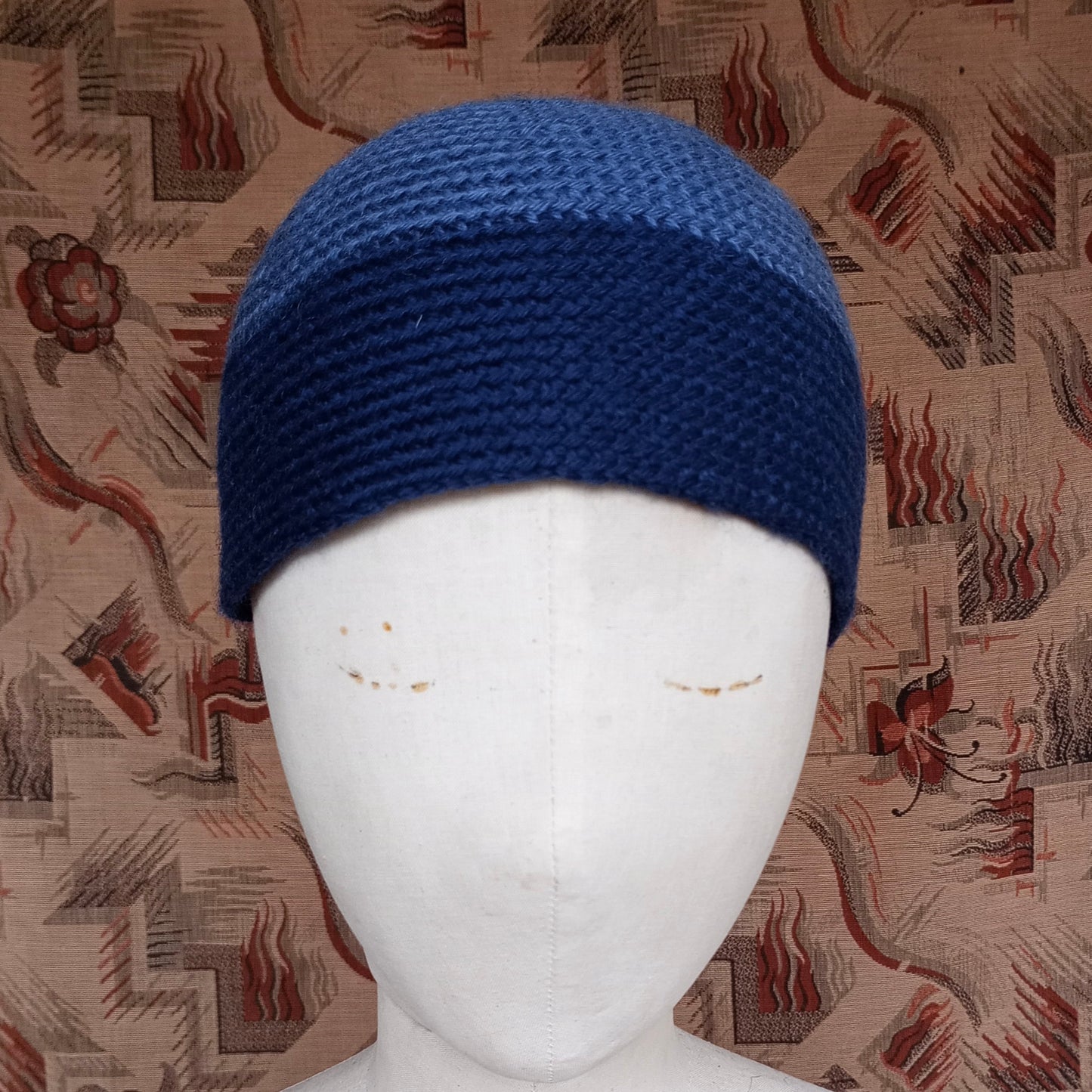Vintage Style Crochet Beanie Hat Blue Two Tone Skull Cap